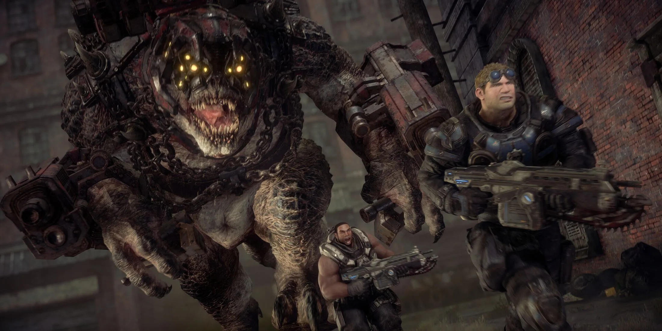Baird và Cole chạy trốn quái vật khổng lồ trong Gears of War Reloaded