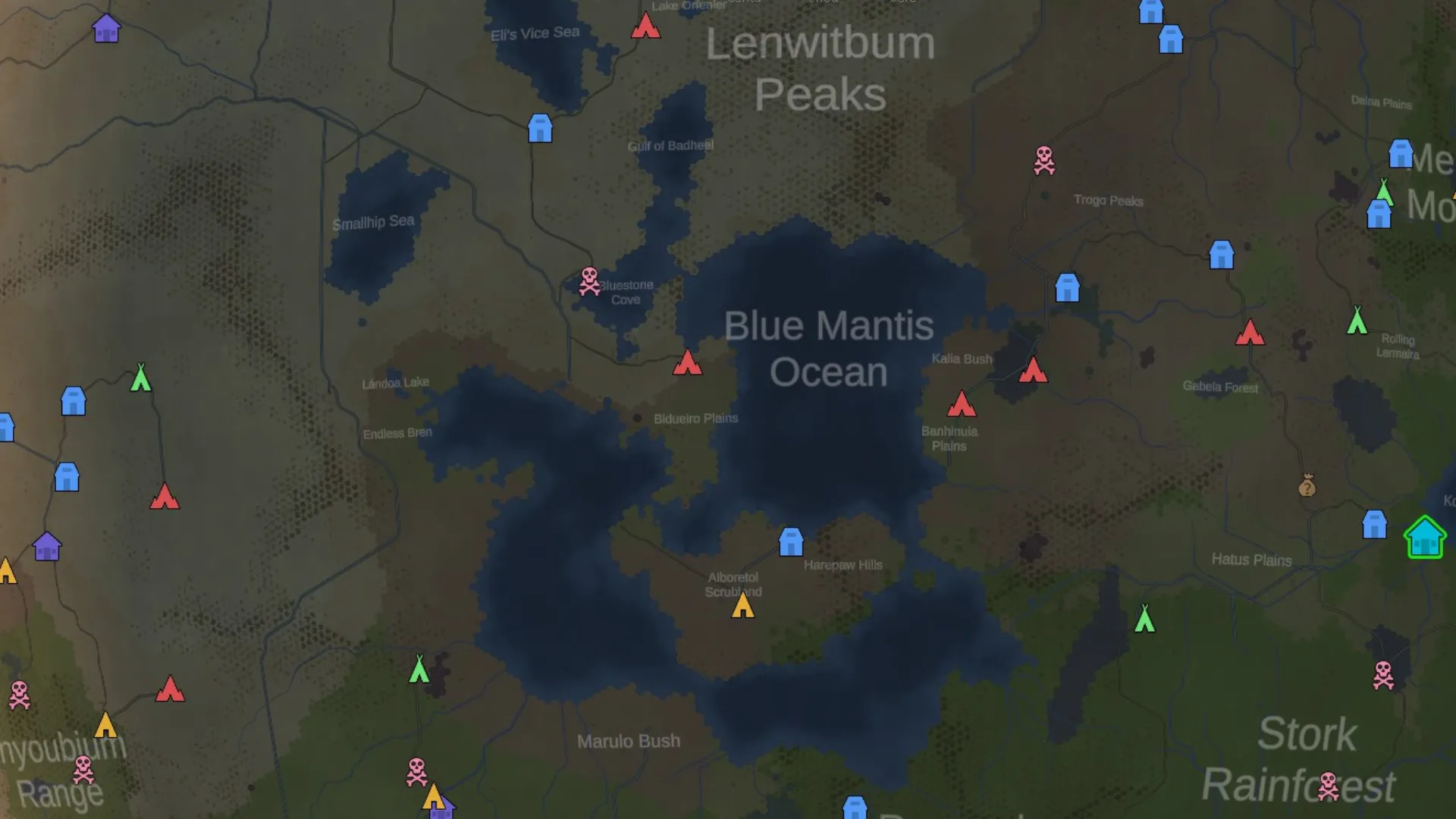 Bản đồ thế giới trong RimWorld, hiển thị các khu vực tiềm năng để đặt Colony và các điểm câu cá chiến lược trong DLC Odyssey.