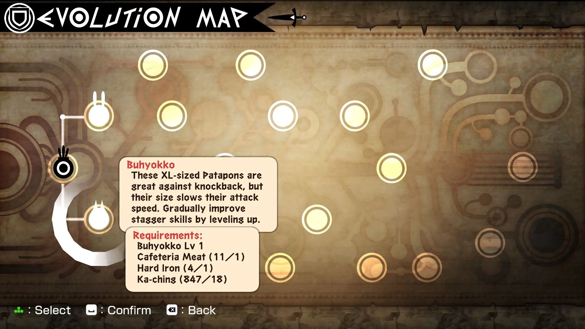 Bản đồ tiến hóa (Evolution Map) trong Patapon 2 Replay giúp tạo Rarepons và tối ưu chỉ số