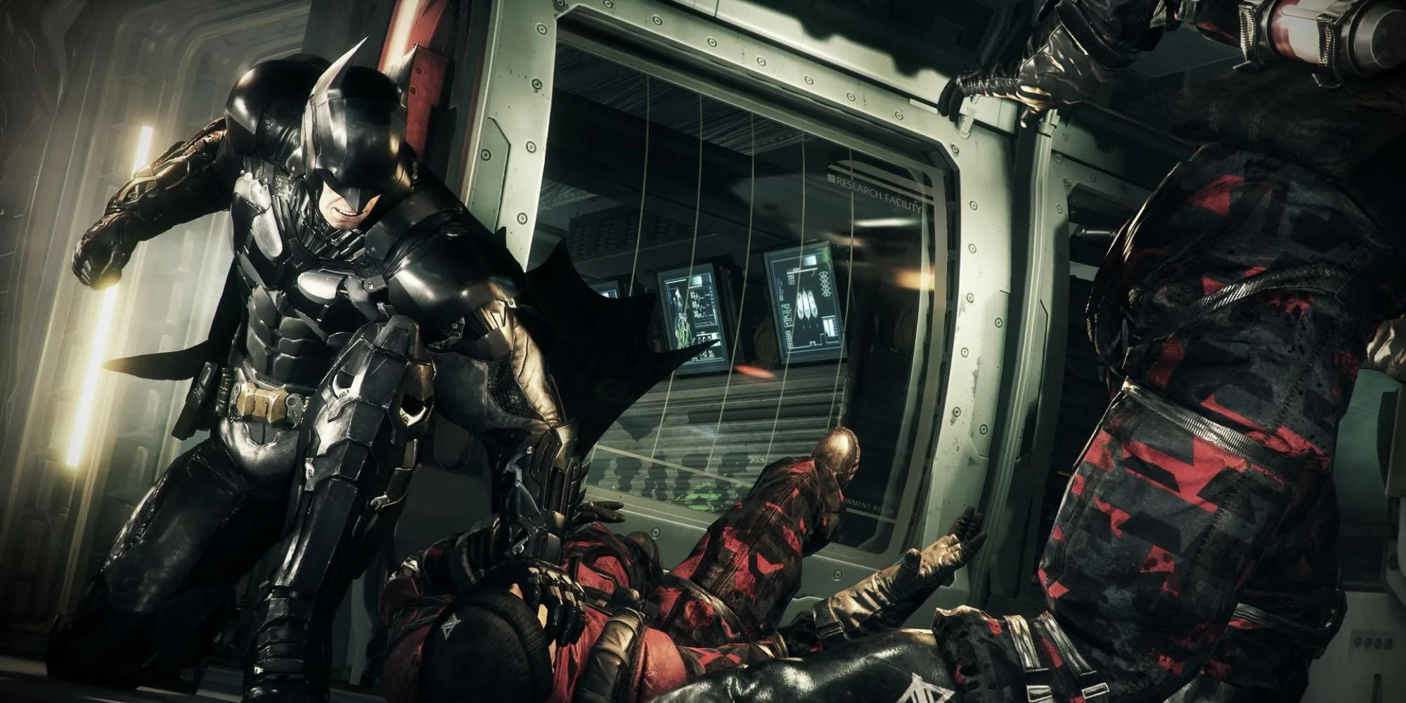 Batman trên nền thành phố Gotham ngập mưa trong Arkham Knight, minh họa đồ họa đỉnh cao và cốt truyện tâm lý phức tạp về Người Dơi.