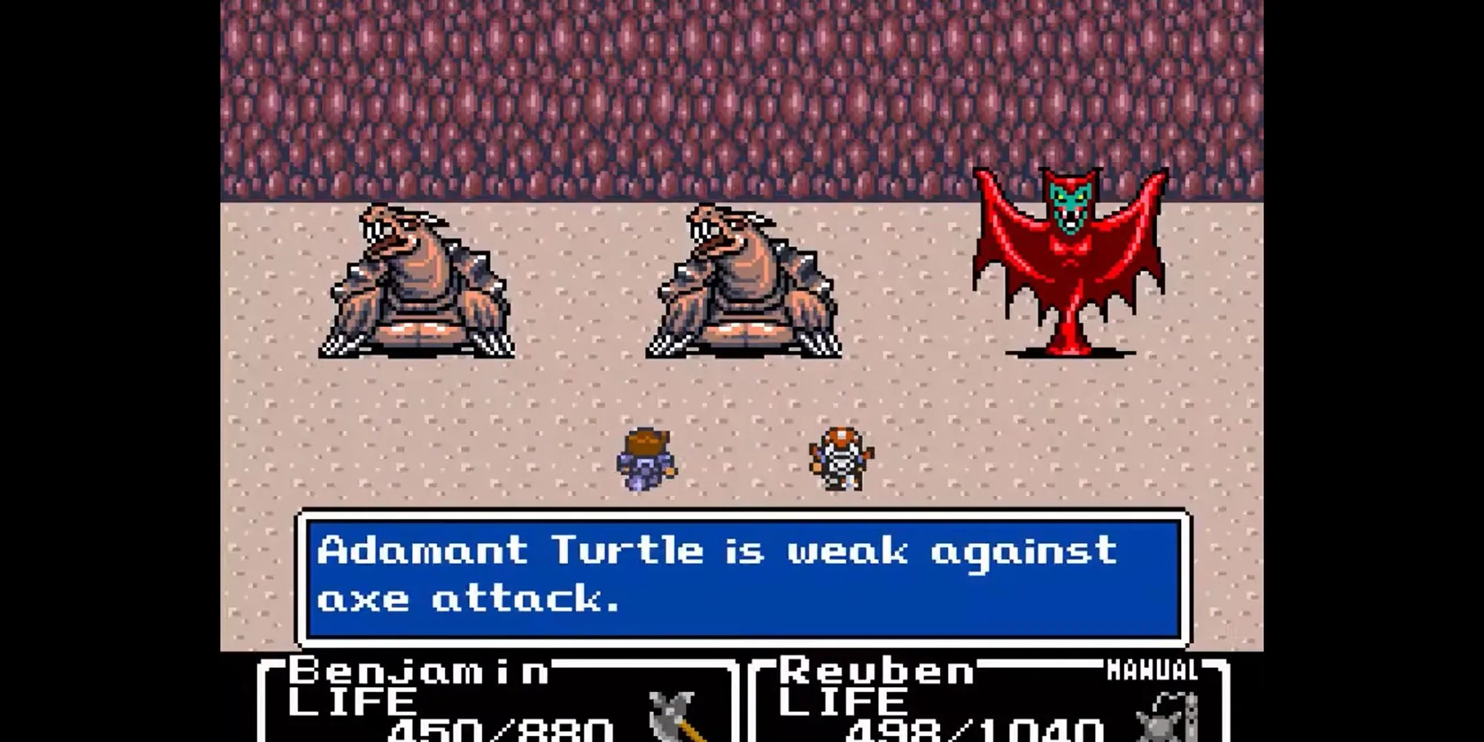 Benjamin và Reuban chiến đấu với quái vật trong Final Fantasy Mystic Quest, ví dụ về sự thay đổi tên gọi của series FF