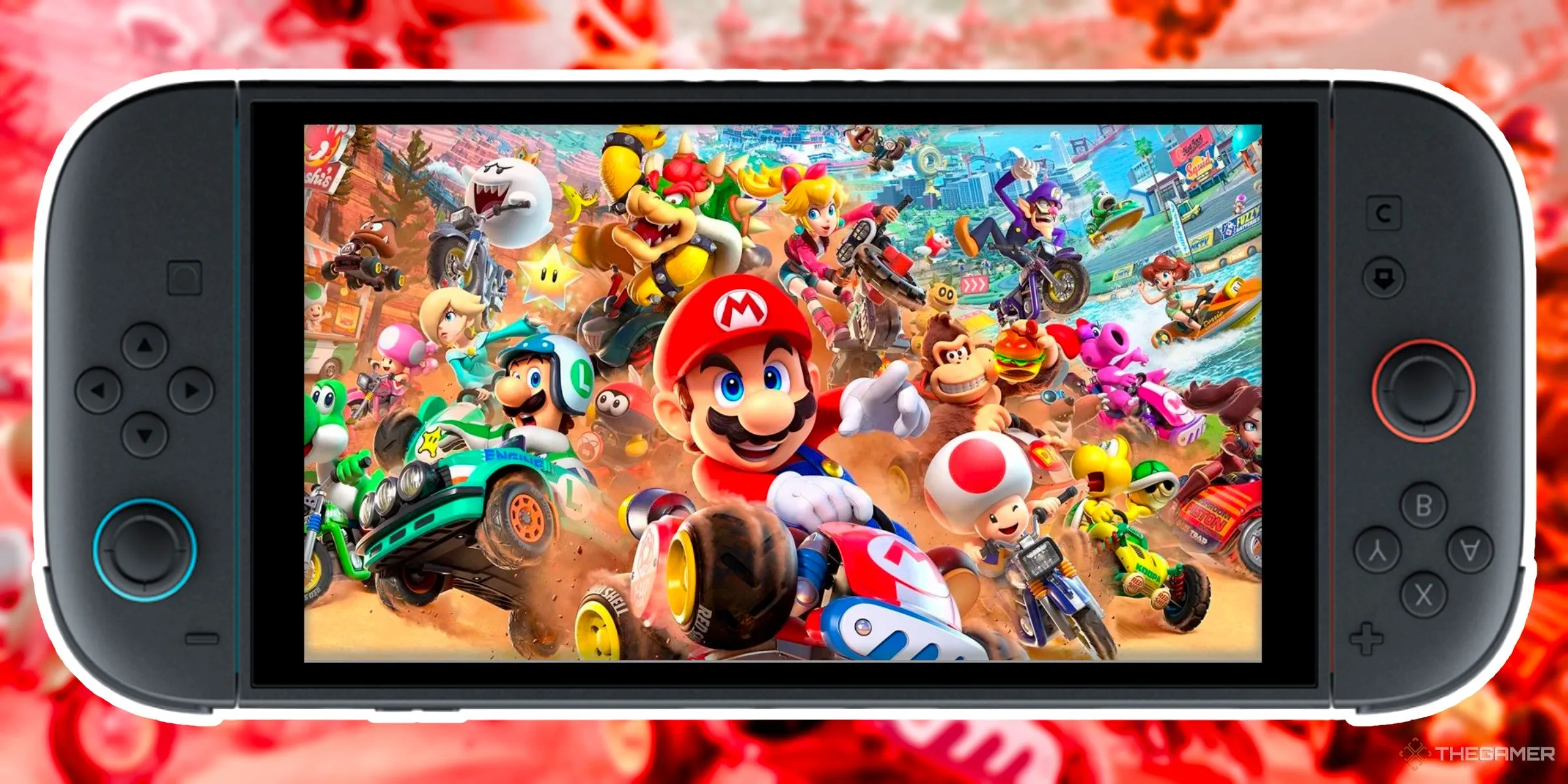 Bìa game Mario Kart World hiển thị trong thiết bị Nintendo Switch 2 bị lật ngược, minh họa cách chơi &quot;Mirror Mode&quot; độc đáo.