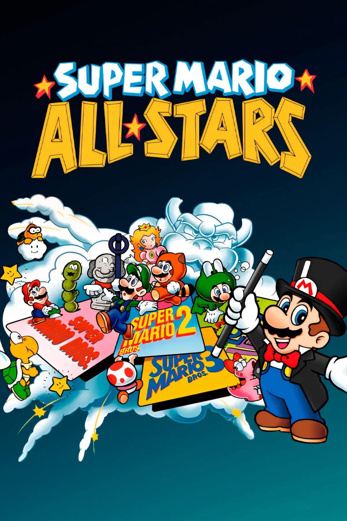 Bìa game Super Mario All-Stars, tổng hợp các phiên bản Mario cổ điển.
