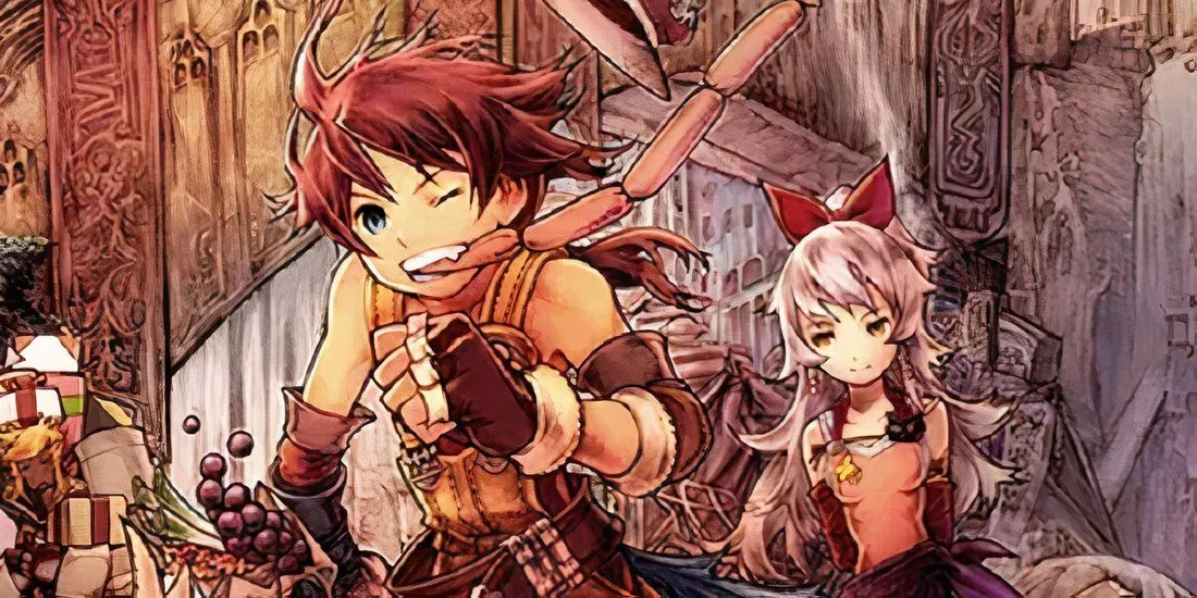 Bìa minh họa của Final Fantasy Tactics A2 mô tả các nhân vật chính trong khoảnh khắc vui vẻ.