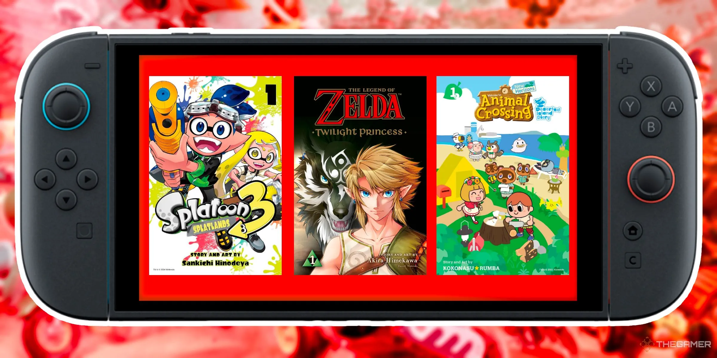 Bìa sách manga Splatoon 3, The Legend of Zelda Twilight Princess và Animal Crossing New Horizons hiển thị trong thiết kế Nintendo Switch 2.