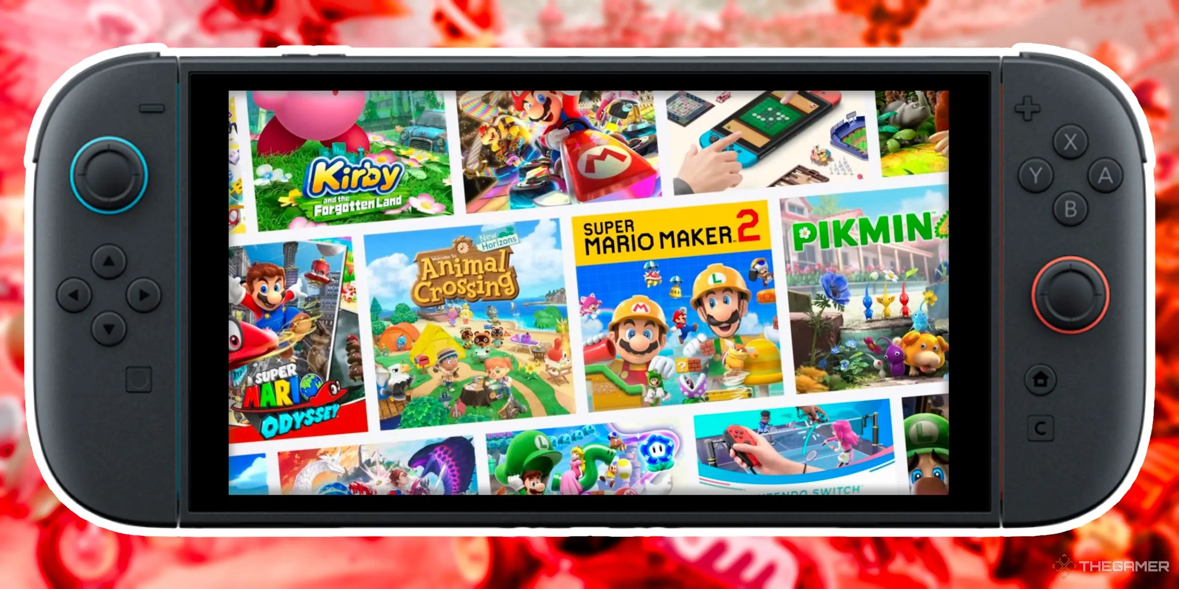 Biểu tượng các tựa game Nintendo Switch đời đầu hiển thị bên trong màn hình Nintendo Switch 2, thể hiện khả năng tương thích ngược.