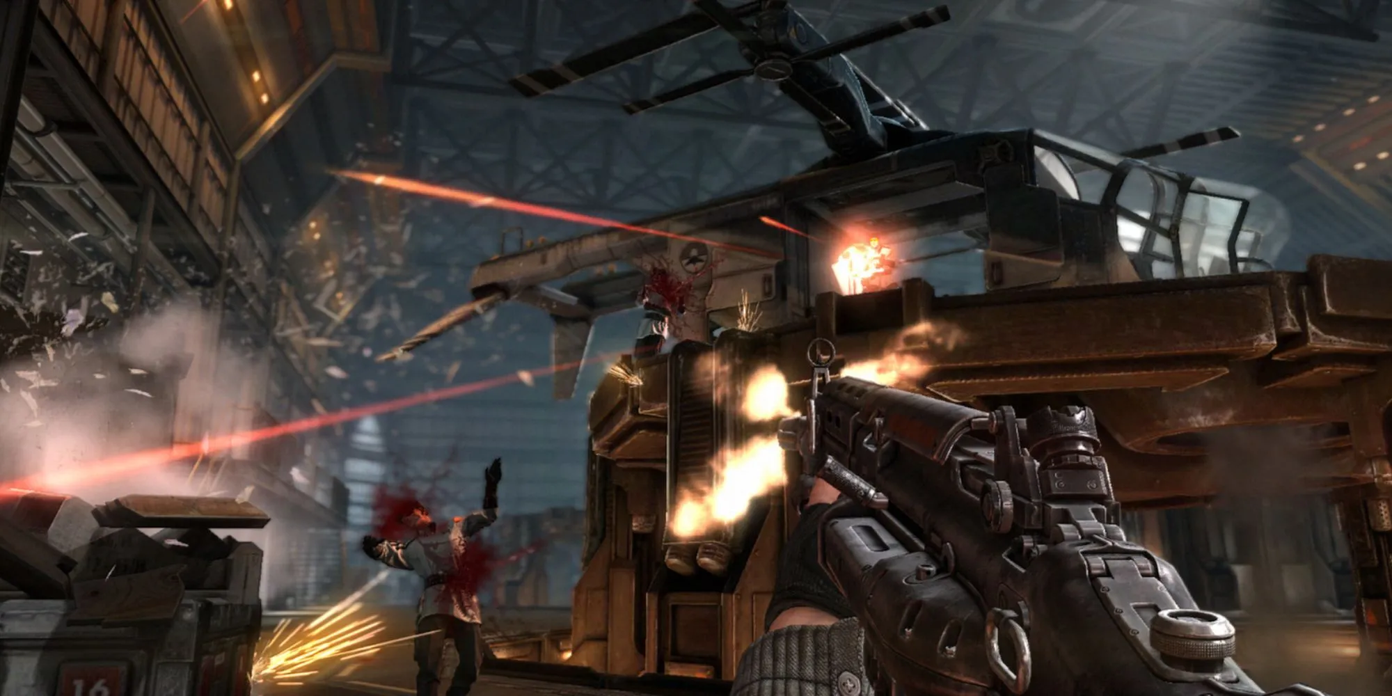 BJ Blazkowicz xả súng vào quân phát xít trong Wolfenstein The New Order, thể hiện lối chơi nặng đô
