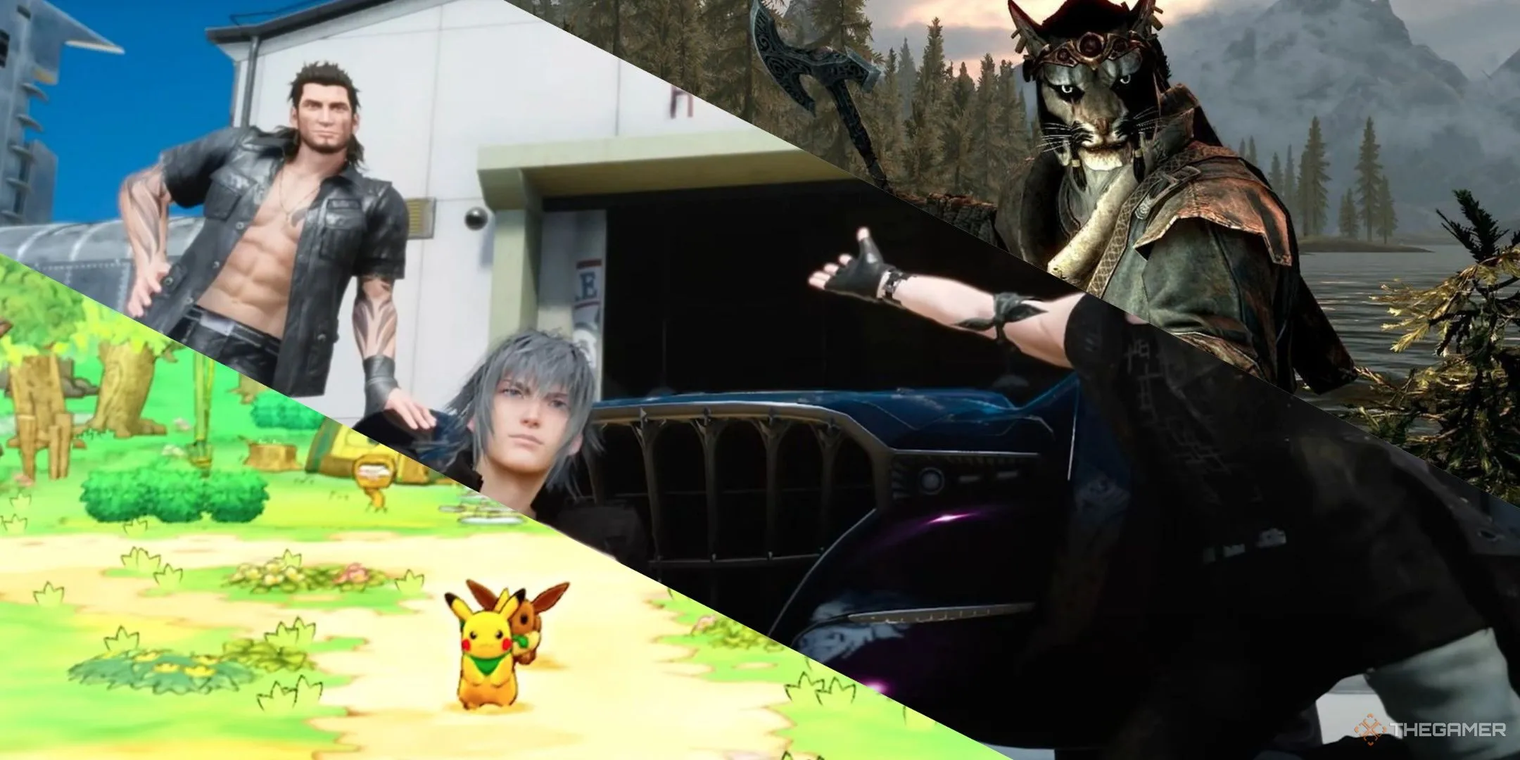 Bộ ba hình ảnh đại diện: Pikachu và Eevee trong Pokemon Mystery Dungeon, Noctis và Gladio tạo dáng cùng Regalia trong Final Fantasy 15, cùng một Khajiit với rìu trong Skyrim, minh họa các nhân vật game với phong thái ấn tượng.