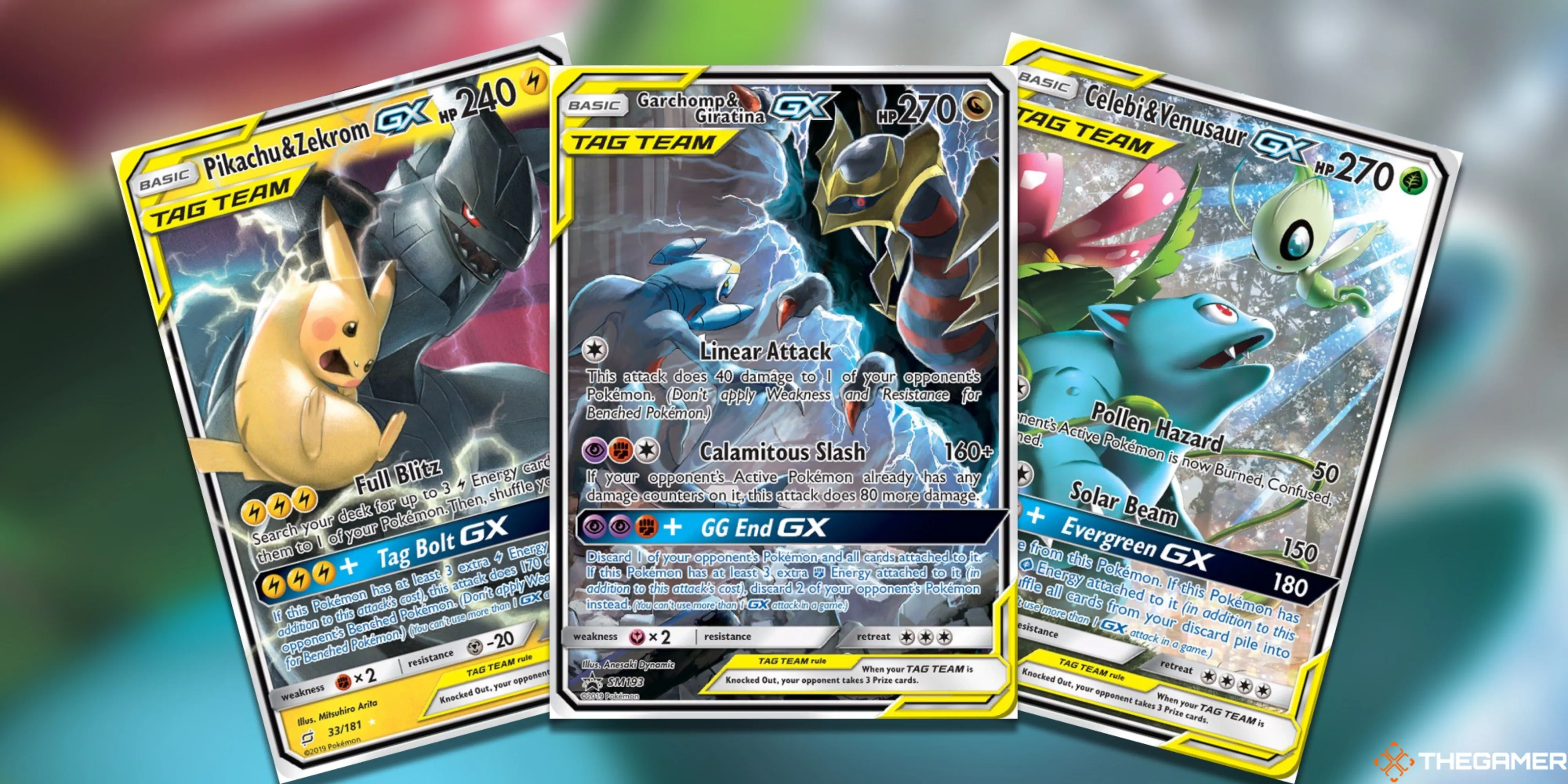 Bộ ba thẻ bài Pokemon TCG Tag Team hiếm và chưa được đánh giá đúng mức: Pikachu & Zekrom, Garchomp & Giratina, và Celebi & Venusaur, biểu tượng của giá trị sưu tầm tiềm năng.
