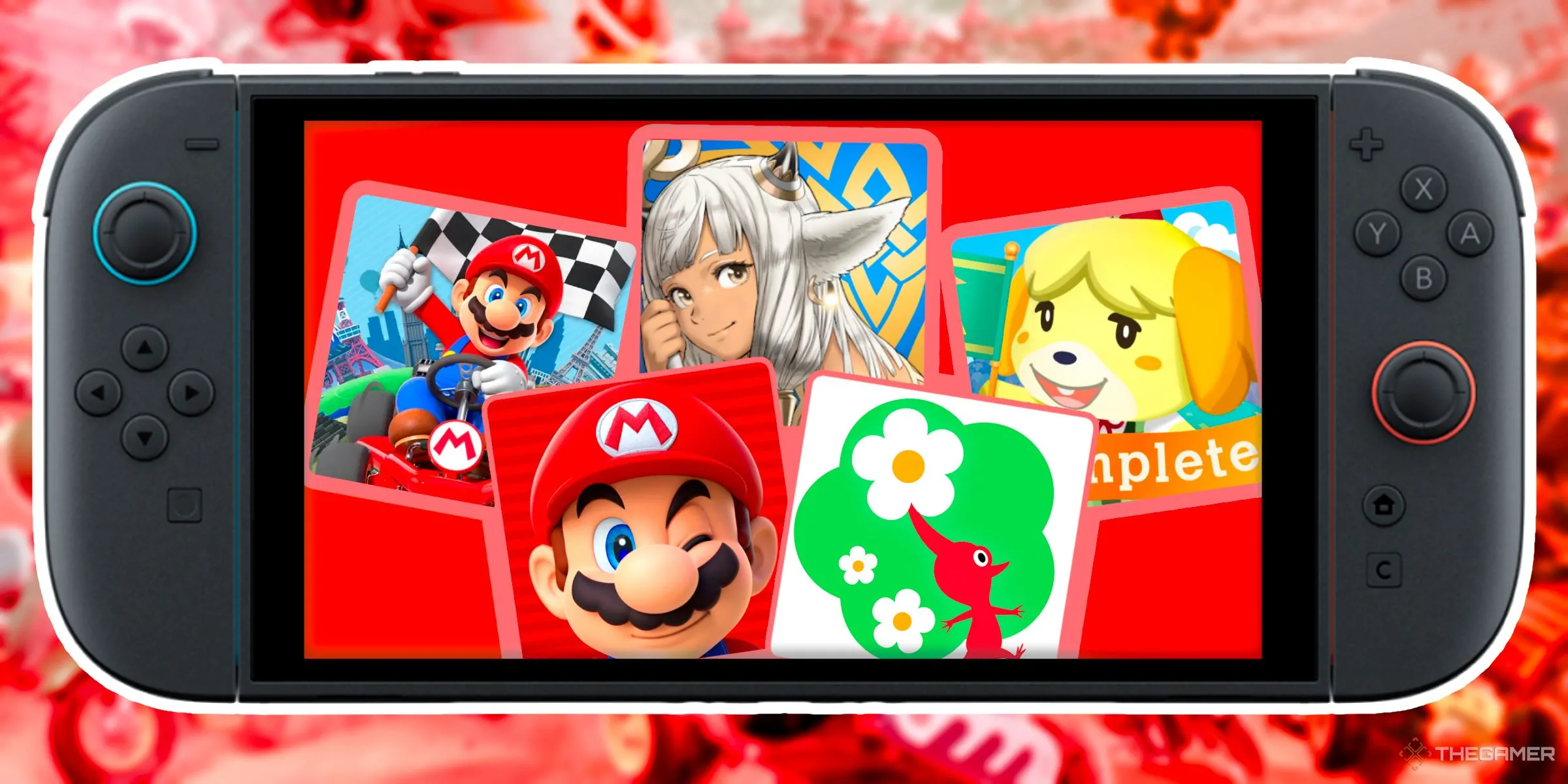 Bộ sưu tập các game mobile của Nintendo gồm Mario Kart Tour, Super Mario Run, Fire Emblem Heroes, Pikmin Bloom và Animal Crossing Pocket Camp, hiển thị trong màn hình Nintendo Switch 2.