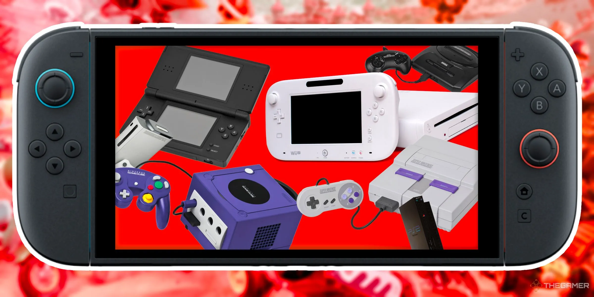 Bộ sưu tập các máy console retro như Wii U, DS, GameCube, SNES, Sega Genesis, PS2 và Xbox 360 bên trong một thiết bị Nintendo Switch 2.
