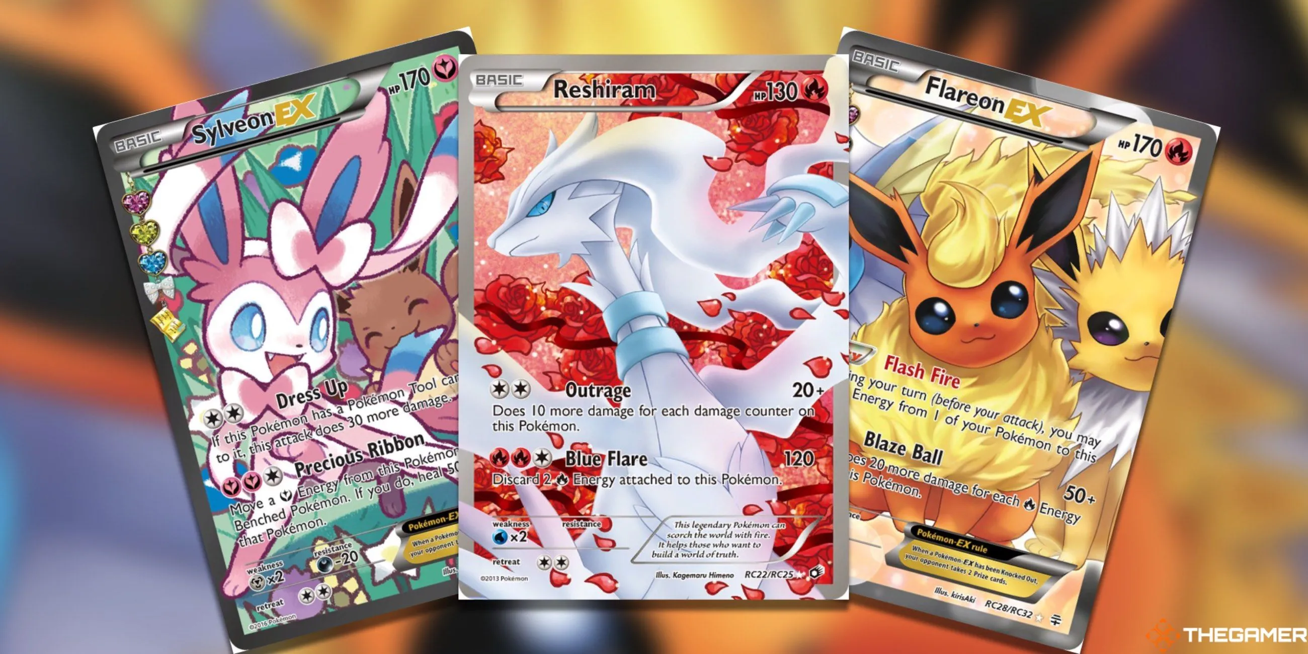 Bộ sưu tập thẻ Pokemon TCG Radiant Collection quý giá với Sylveon EX, Reshiram và Flareon EX đầy màu sắc.
