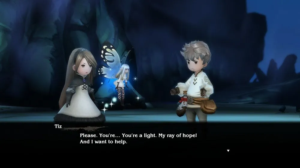 Bốn nhân vật chính Bravely Default Flying Fairy HD Remaster Tiz, Agnes, Ringabel và Edea trong thế giới Luxendarc
