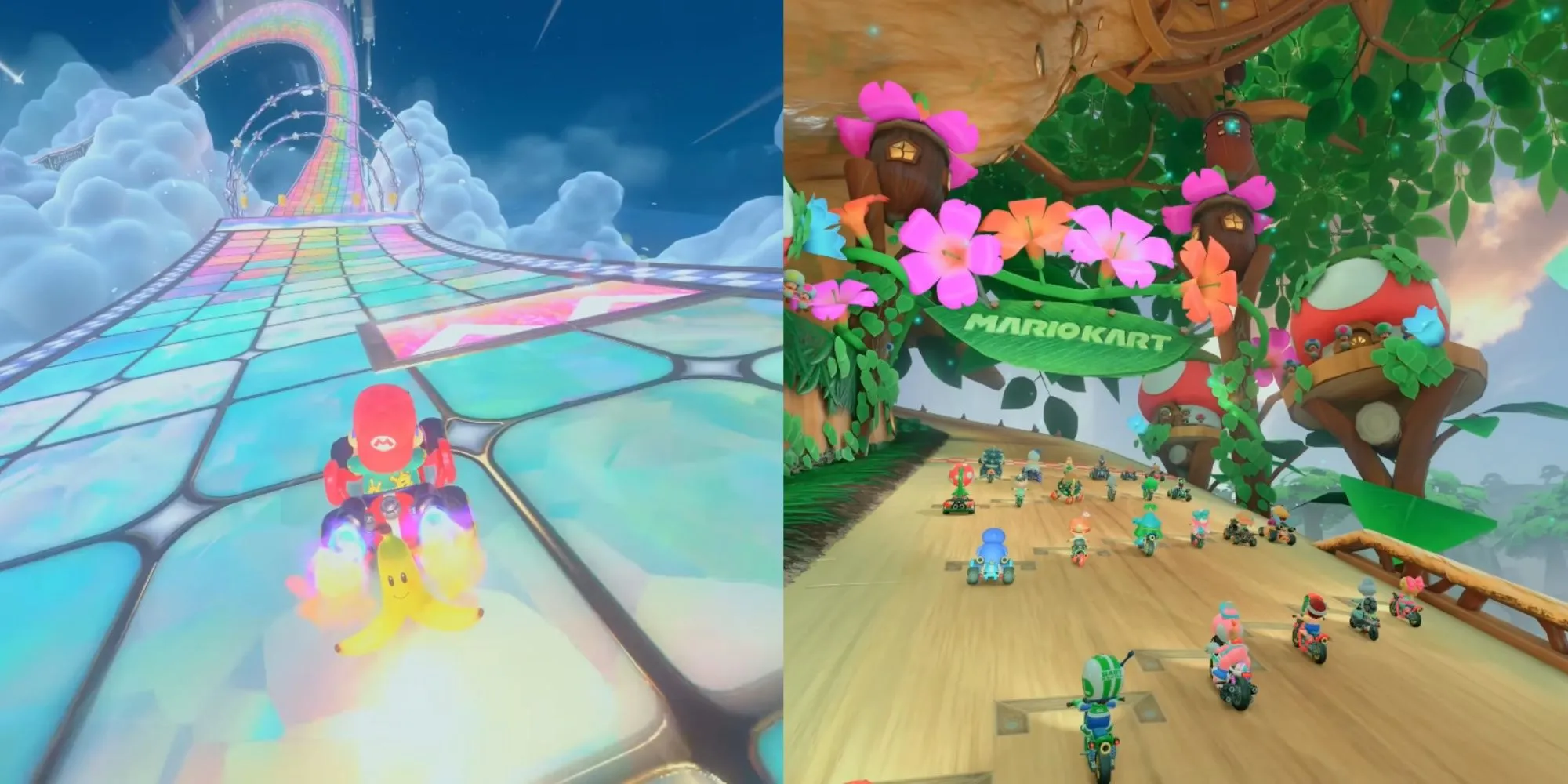 Các đường đua mới Rainbow Road và Acorn Heights trong Mario Kart World, minh chứng cho sức hút không ngừng của series.