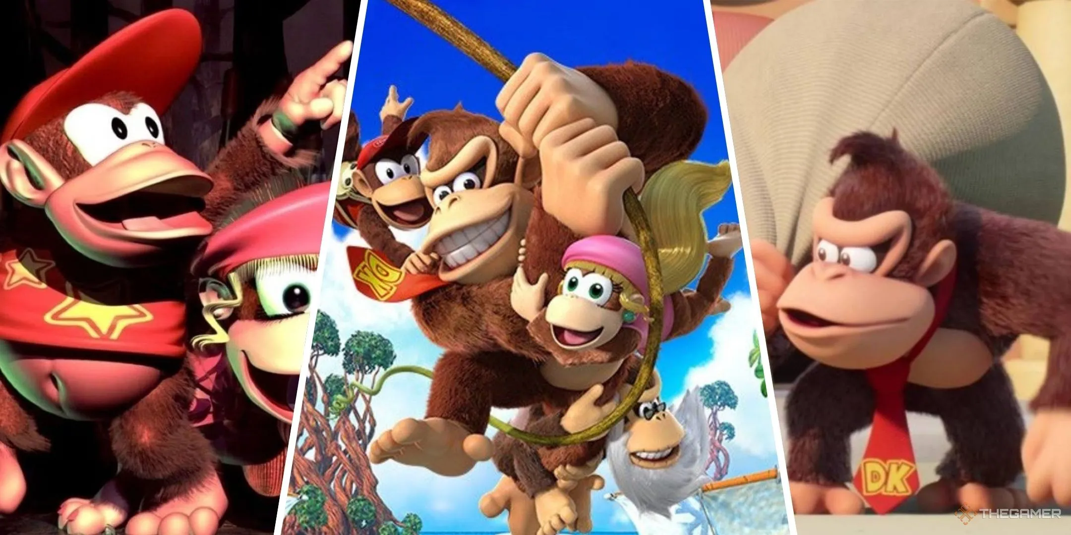 Các khung hình từ game Donkey Kong Country 2, Tropical Freeze và Mario Vs Donkey Kong