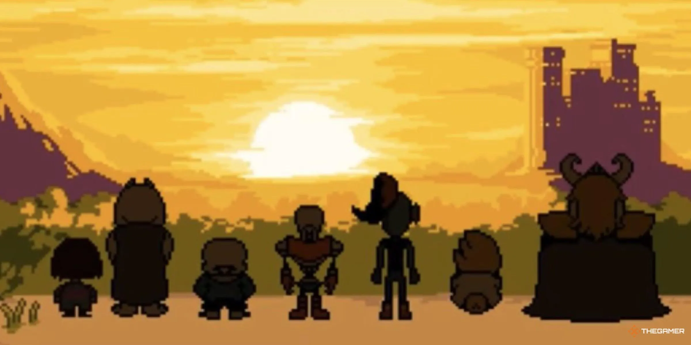 Các nhân vật chính của Undertale bao gồm Frisk, Toriel, Sans, Papyrus, Undyne, Alphys và Asgore ngắm hoàng hôn cuối game, biểu tượng cho sự kết thúc cảm động và ý nghĩa của trò chơi.