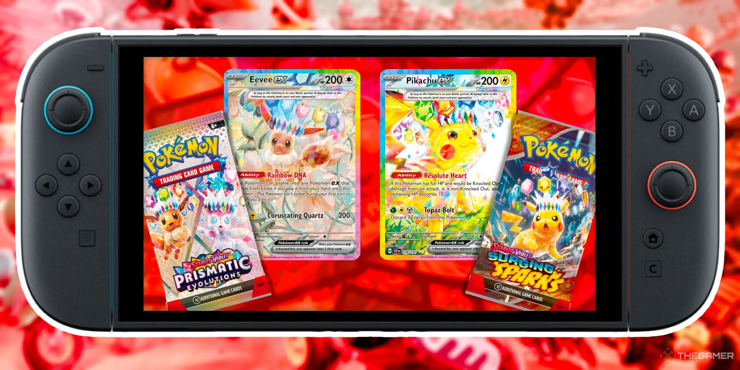 Các thẻ bài Pokemon TCG hiếm là Eevee và Pikachu Tera EX cùng gói Prismatic Evolutions và Surging Sparks, đặt trong Nintendo Switch 2.