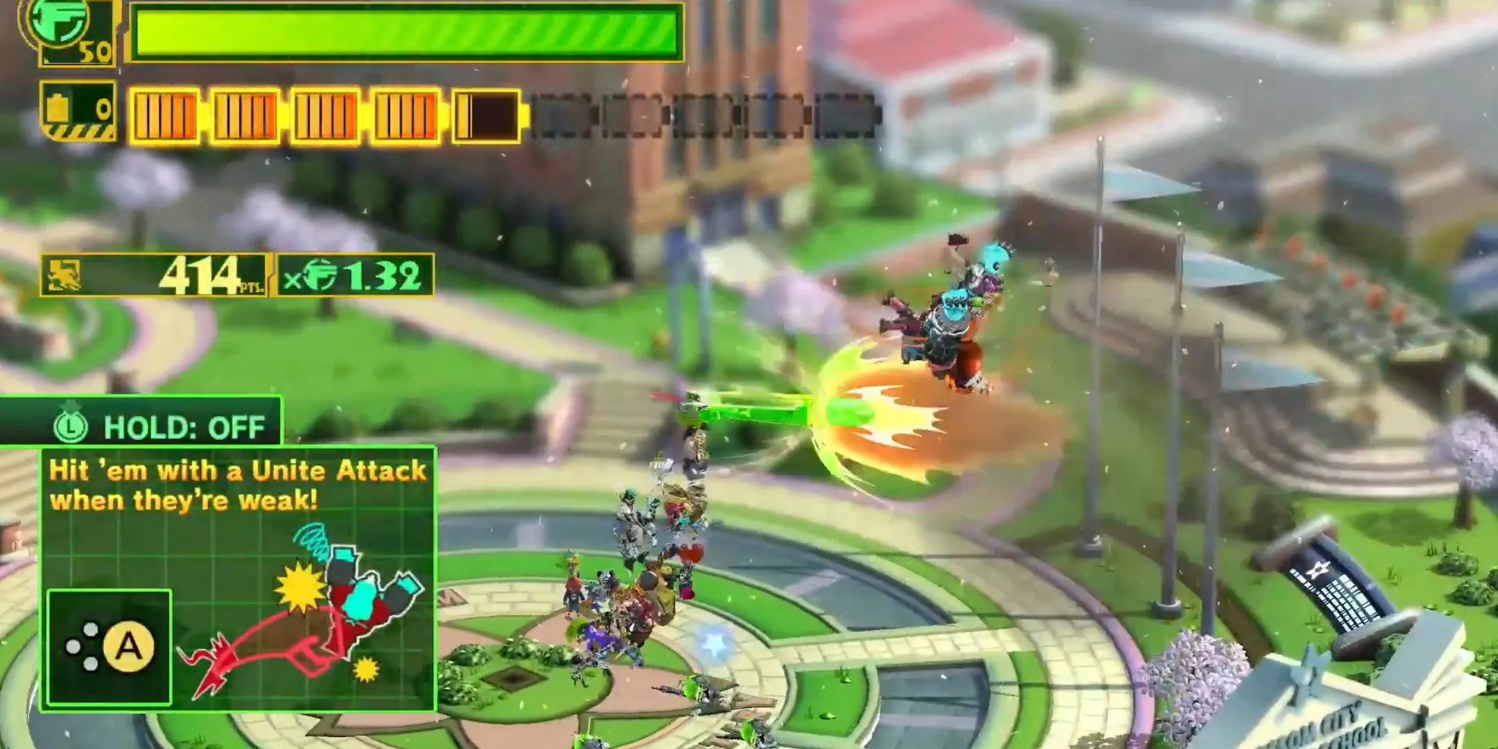 Các Wonders tấn công kẻ thù trong một nhiệm vụ hướng dẫn của The Wonderful 101, cho thấy gameplay hành động hỗn loạn nhưng độc đáo của tựa game PlatinumGames này.
