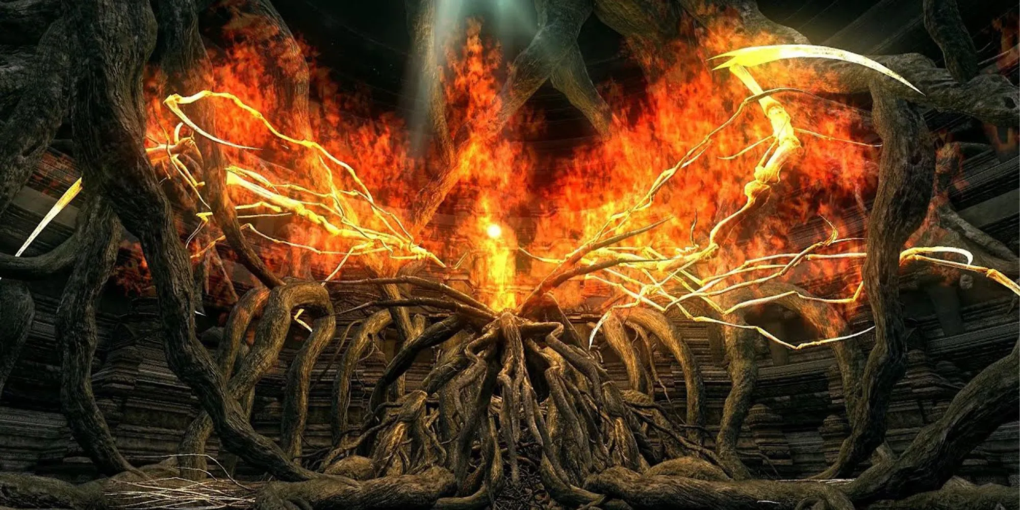 Cận cảnh Bed of Chaos, một con boss cây khổng lồ với các chi giống xúc tu và mắt đỏ rực từ Dark Souls, ẩn mình trong hang động đầy rễ cây.