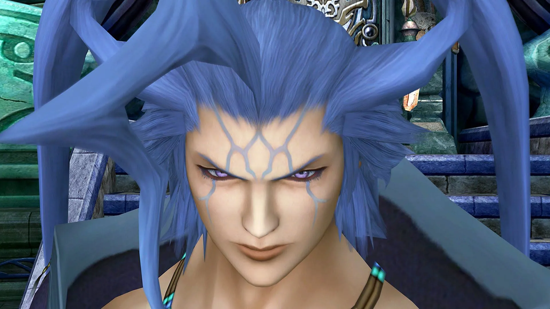 Cận cảnh khuôn mặt Seymour Guado trong Final Fantasy X, ánh mắt lạnh lùng.