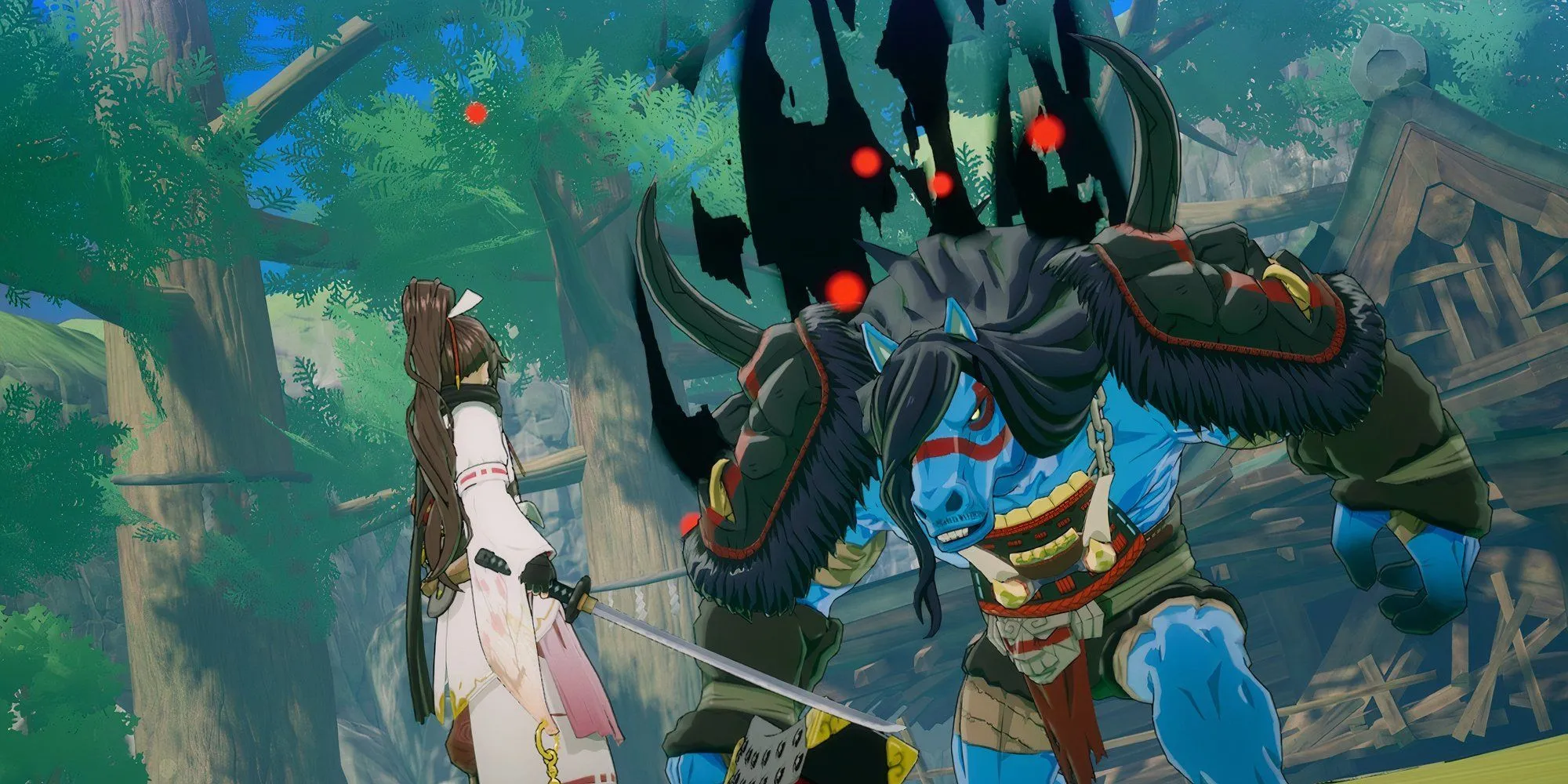 Cảnh cắt trong Rune Factory Guardians of Azuma khi Subaru chạm trán Boss đầu tiên