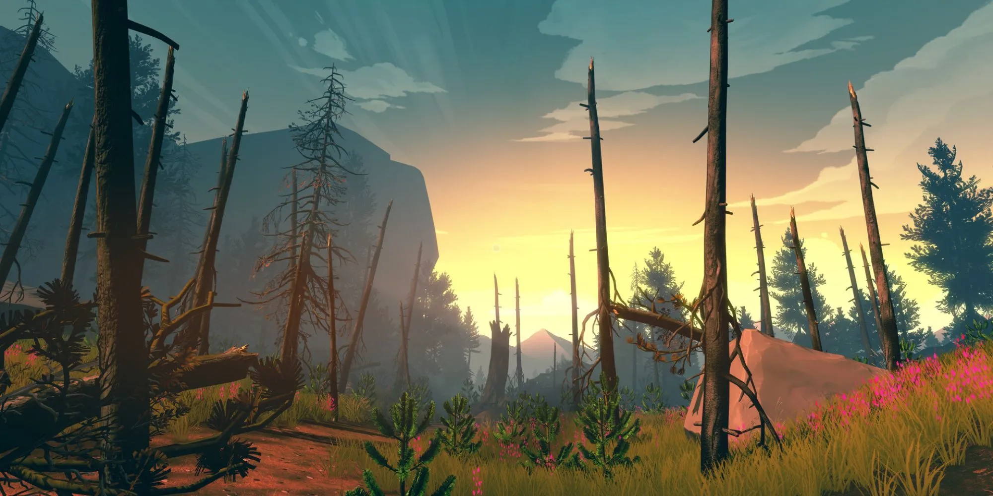 Cảnh hoàng hôn tuyệt đẹp trên nền rừng cháy ở Wyoming, điểm nhấn đồ họa của Firewatch