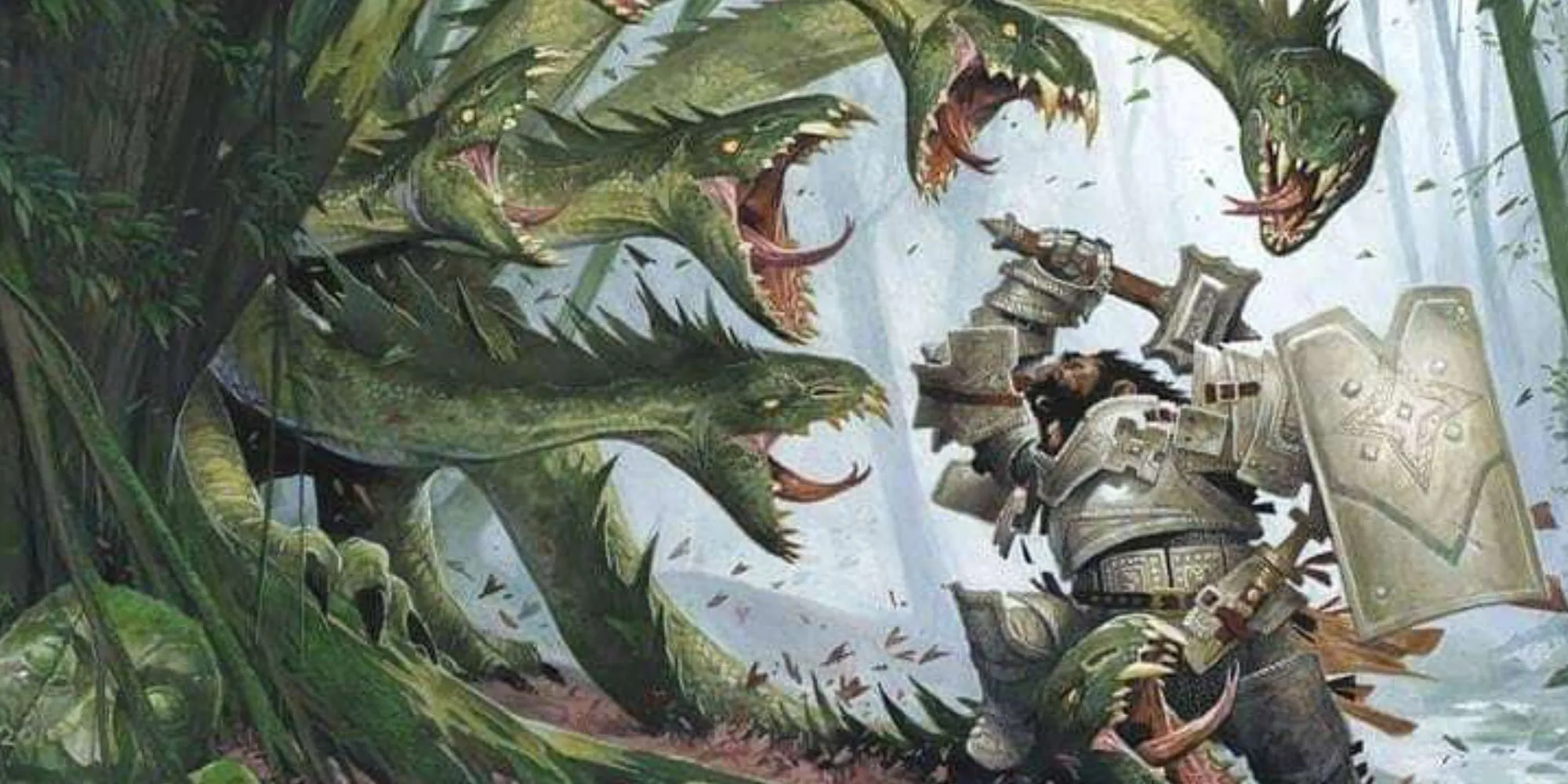 Chiến binh lùn dũng mãnh đối đầu thủy quái Hydra trong Dungeons &amp; Dragons.