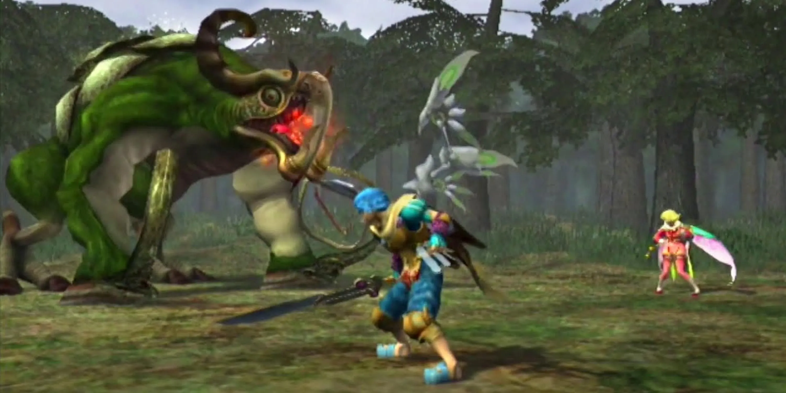 Chiến đấu với quái vật trong Baten Kaitos Eternal Wings and the Lost Ocean, thể hiện đồ họa prerendered