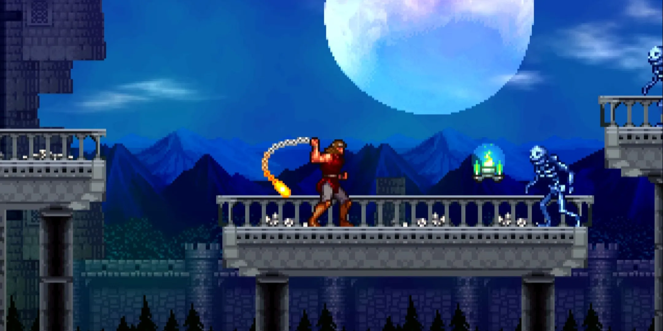 Christopher Belmont chiến đấu với bộ xương dưới ánh trăng tròn trong Castlevania, được biết đến là Dracula's Castle ở Nhật Bản