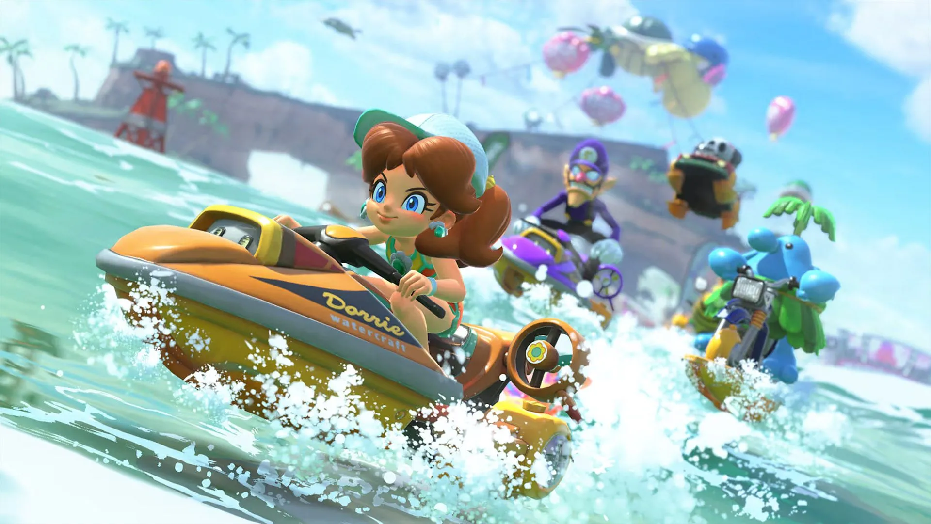 Daisy cưỡi mô tô nước trong chế độ đua của Mario Kart World