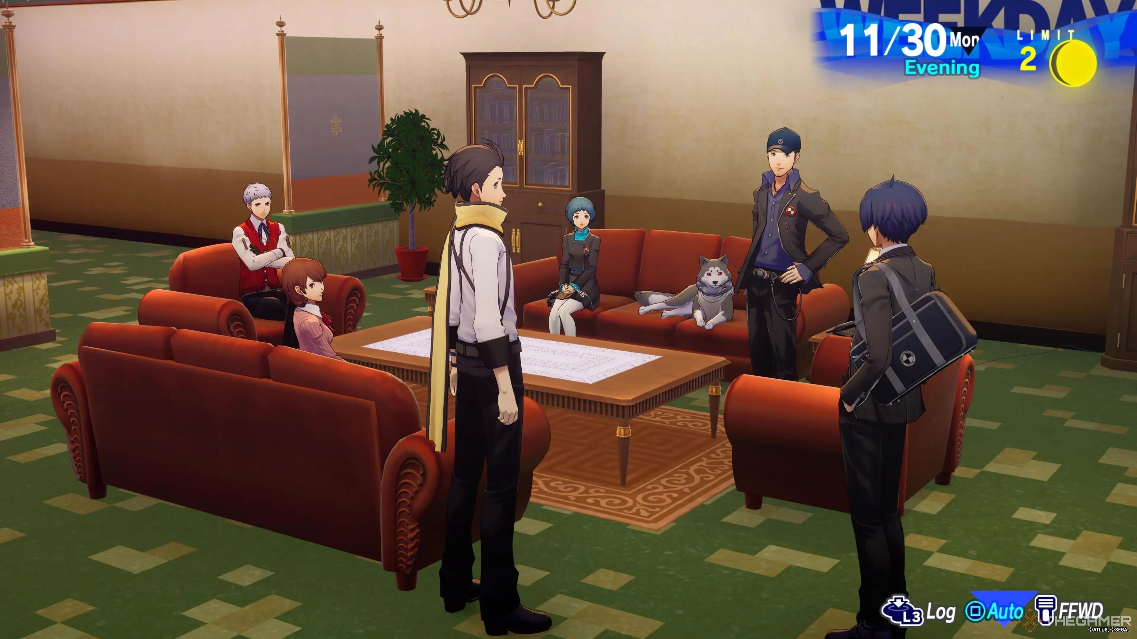 Đội SEES và Ryoji Mochizuki tụ tập trong phòng khách tại Persona 3 Reload.