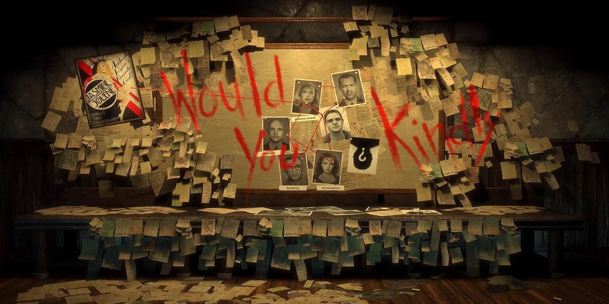 Dòng chữ ám ảnh 'Would You Kindly' trên tường trong thành phố Rapture mục nát của BioShock