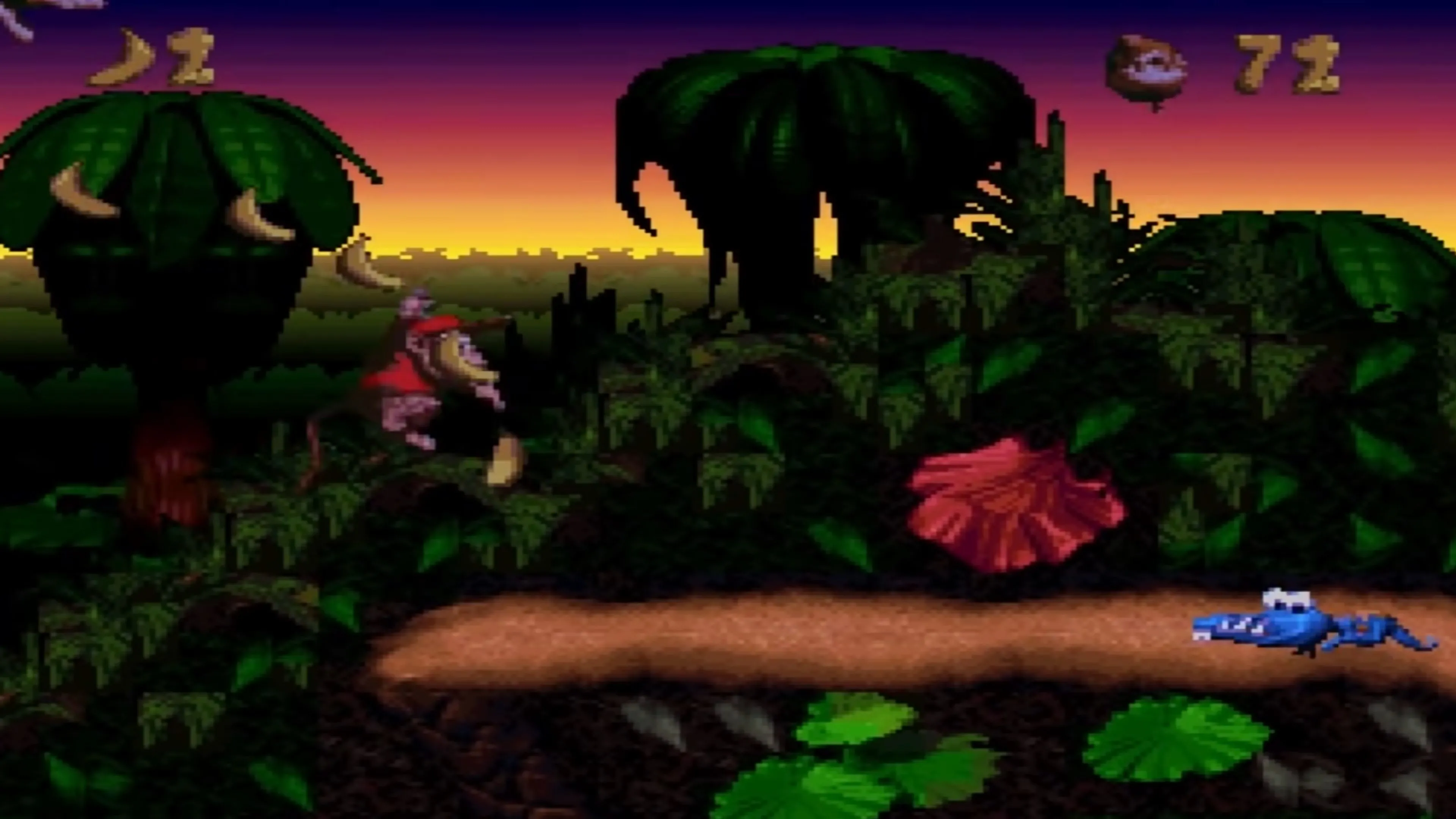Donkey Kong và Diddy Kong nhảy qua khe núi trong Donkey Kong Country.