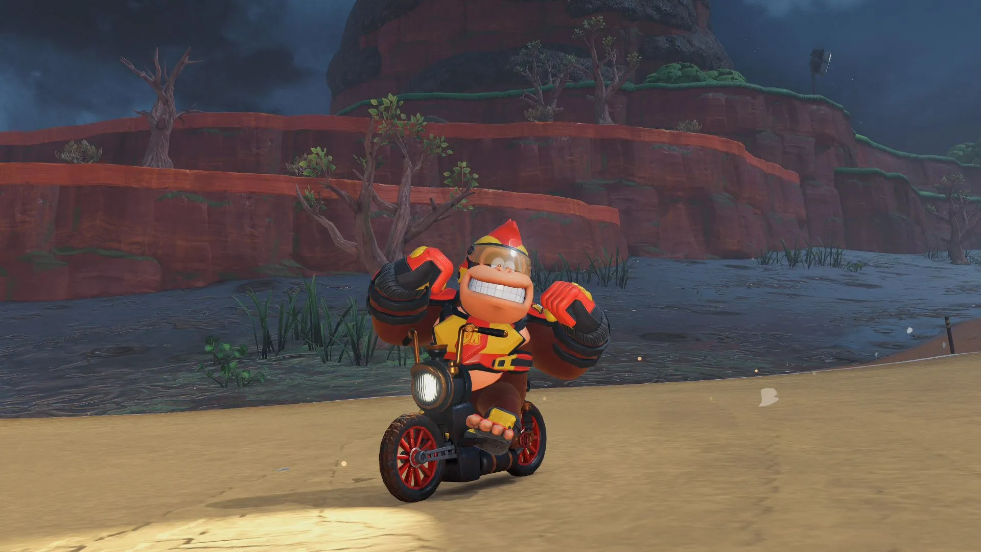 Donkey Kong với xe mô tô địa hình trong Mario Kart World, thể hiện sự đa dạng phương tiện