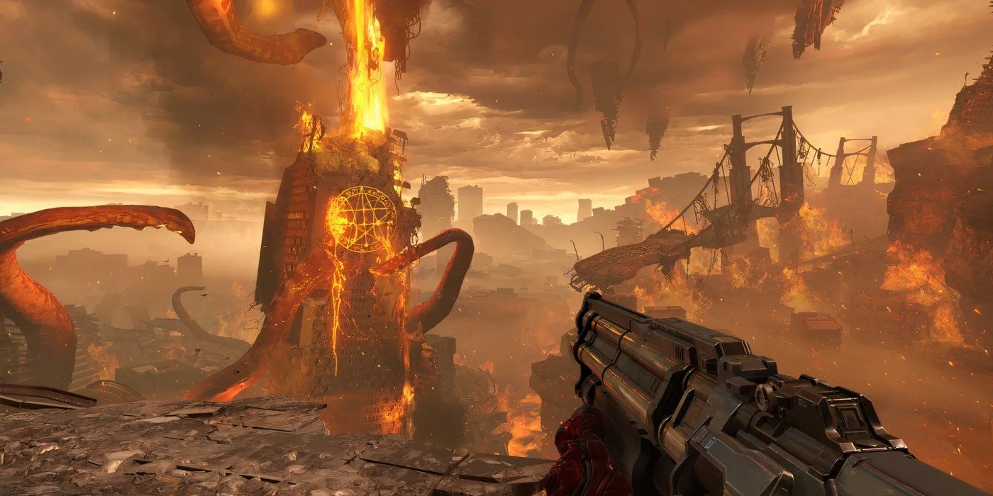 Doom Slayer quan sát Trái Đất bị quỷ xâm chiếm trong DOOM Eternal, chuẩn bị cho trận chiến khốc liệt
