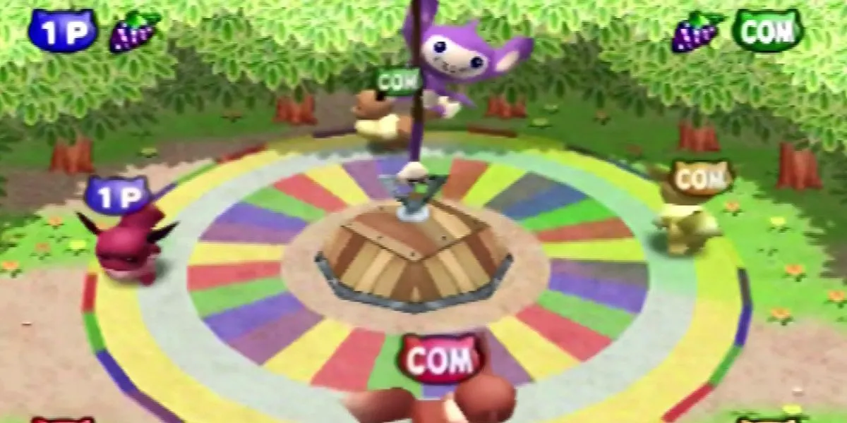 Eevee và Aipom đang chơi minigame Eager Eevee trong Pokemon Stadium 2, trên TV có hình ảnh game Donkey Kong