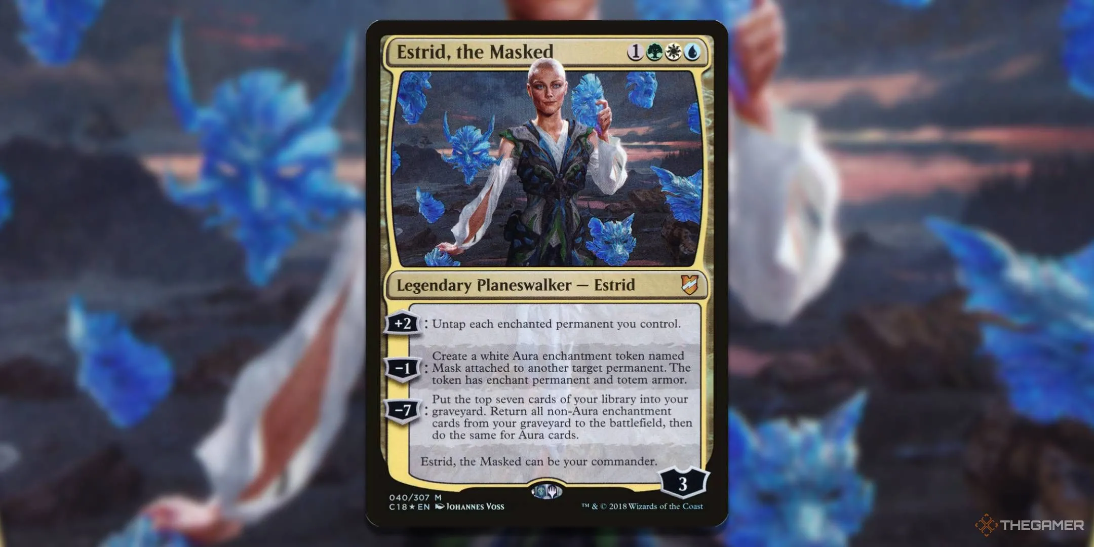 Estrid, the Masked, planeswalker dẫn dắt chủ đề phép bổ trợ trong deck Adaptive Enchantment, một precon Bant mạnh mẽ.