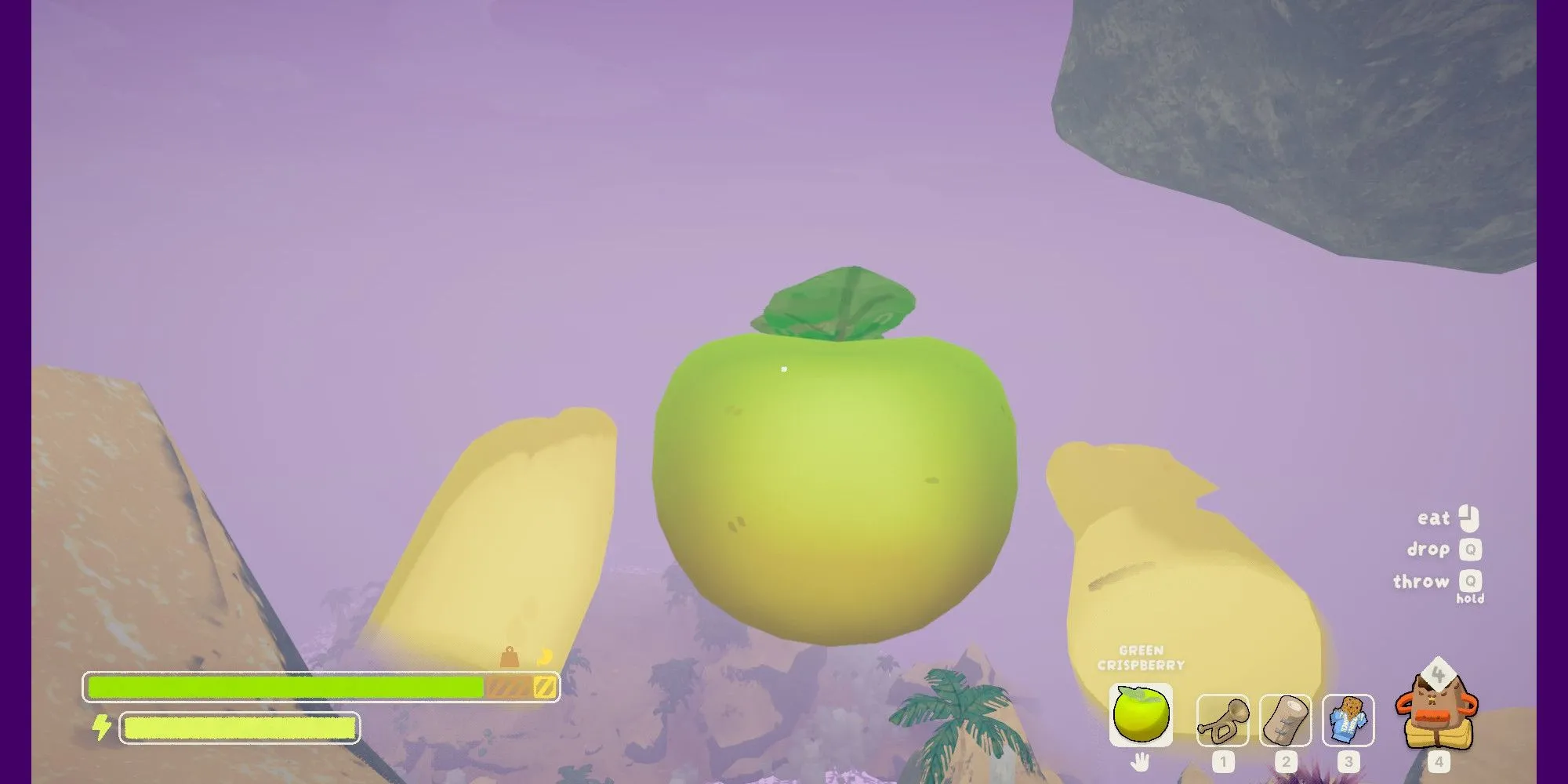 Game thủ PEAK cầm quả Crispberry xanh, minh họa vật phẩm trong game và cơ chế độc.