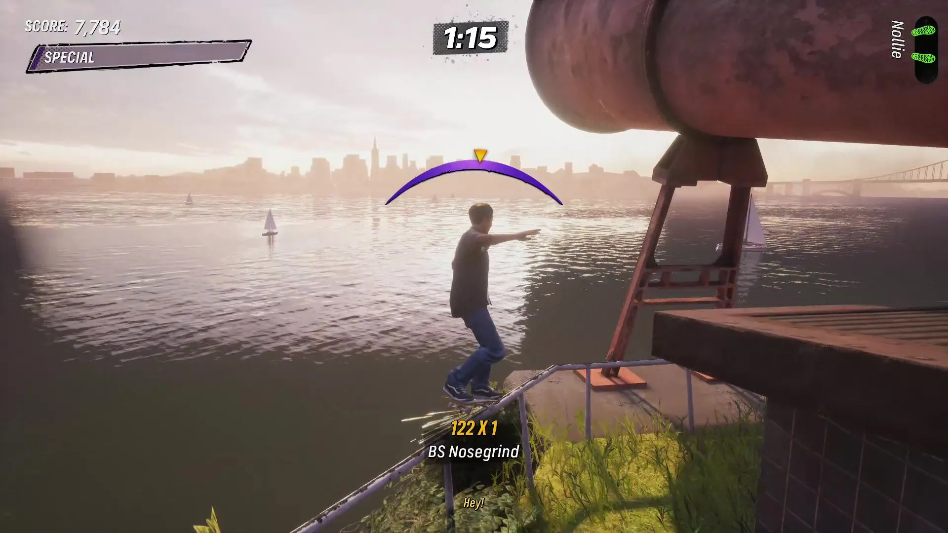 Game thủ thực hiện Nosegrind trên thanh vịn Foghorn tại Alcatraz trong Tony Hawk's Pro Skater 3 + 4