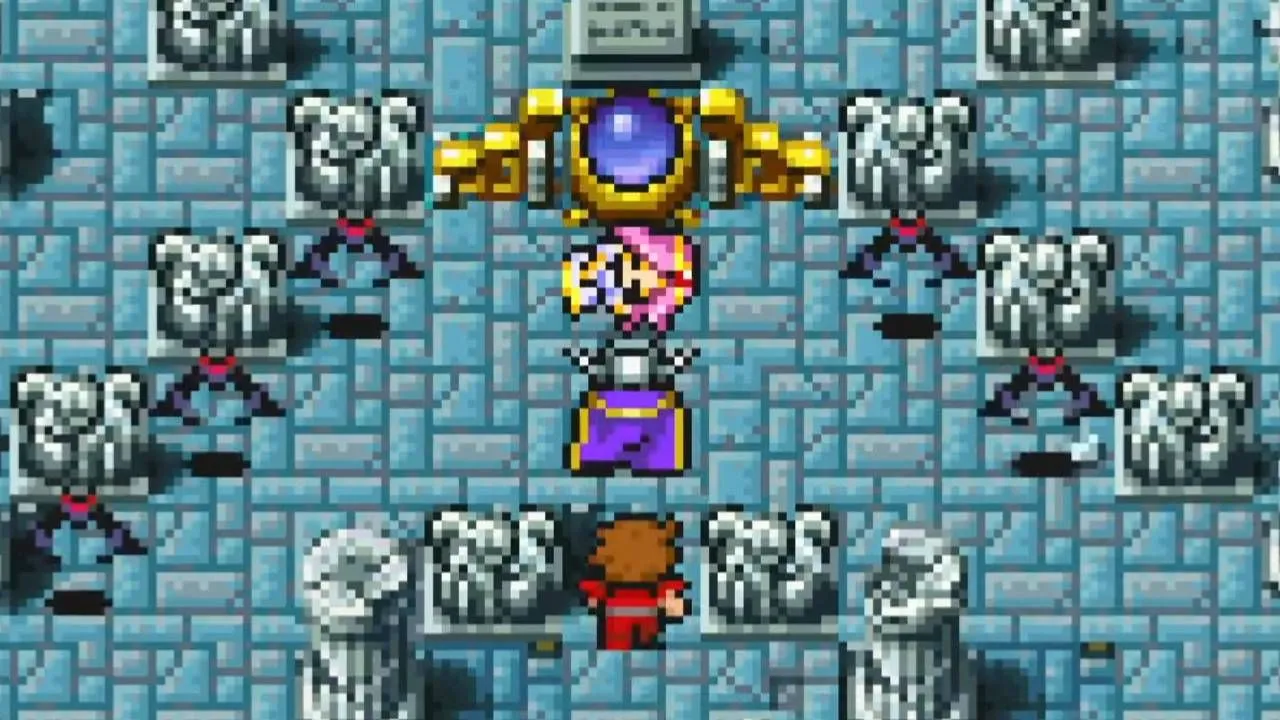 Garland phản diện game Final Fantasy bay lơ lửng trên không, phía dưới là công chúa bị bắt cói.