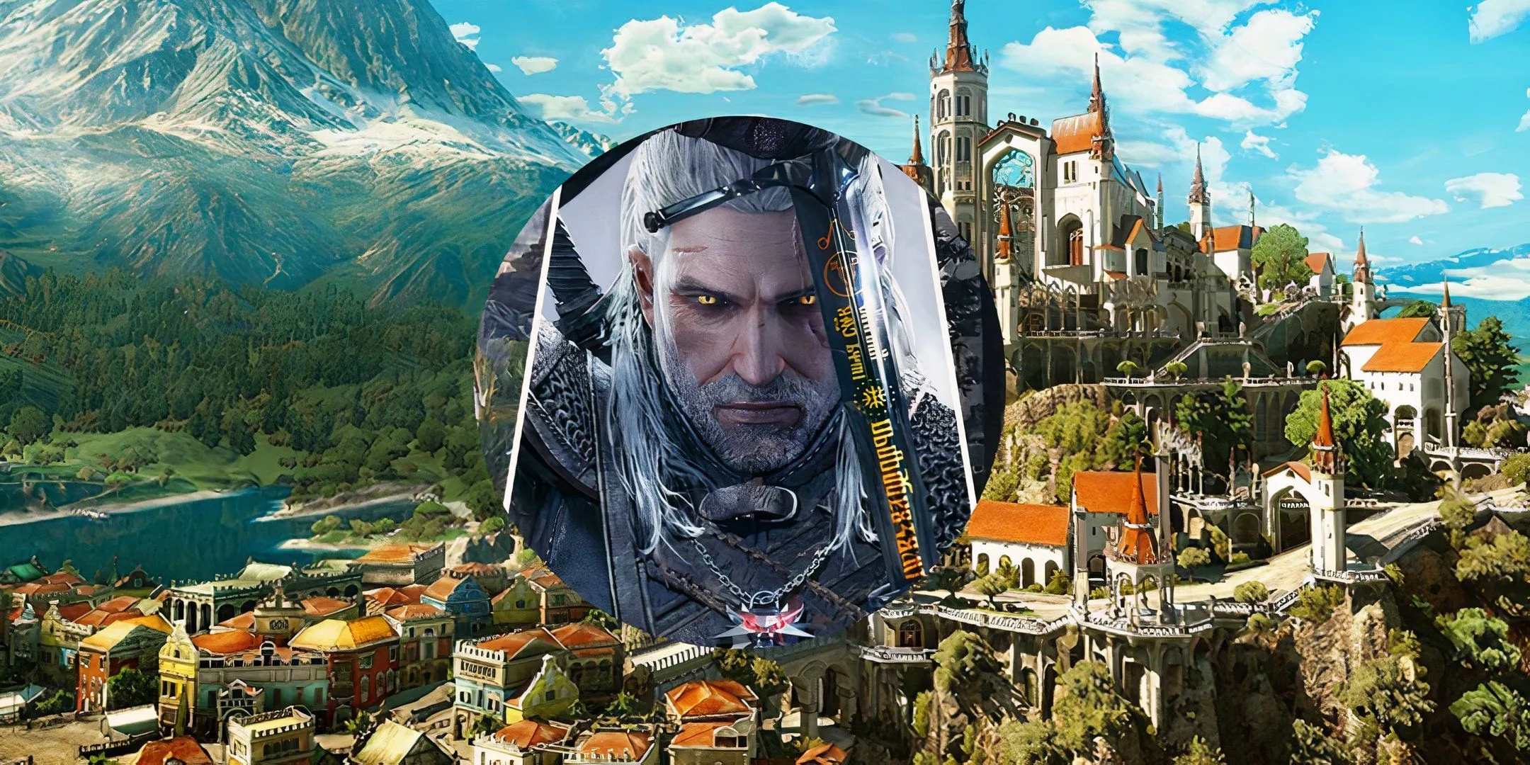 Geralt đứng trước một thành phố lớn trong The Witcher 3, cho thấy quy mô thế giới mở và những cuộc phiêu lưu đầy bất trắc.