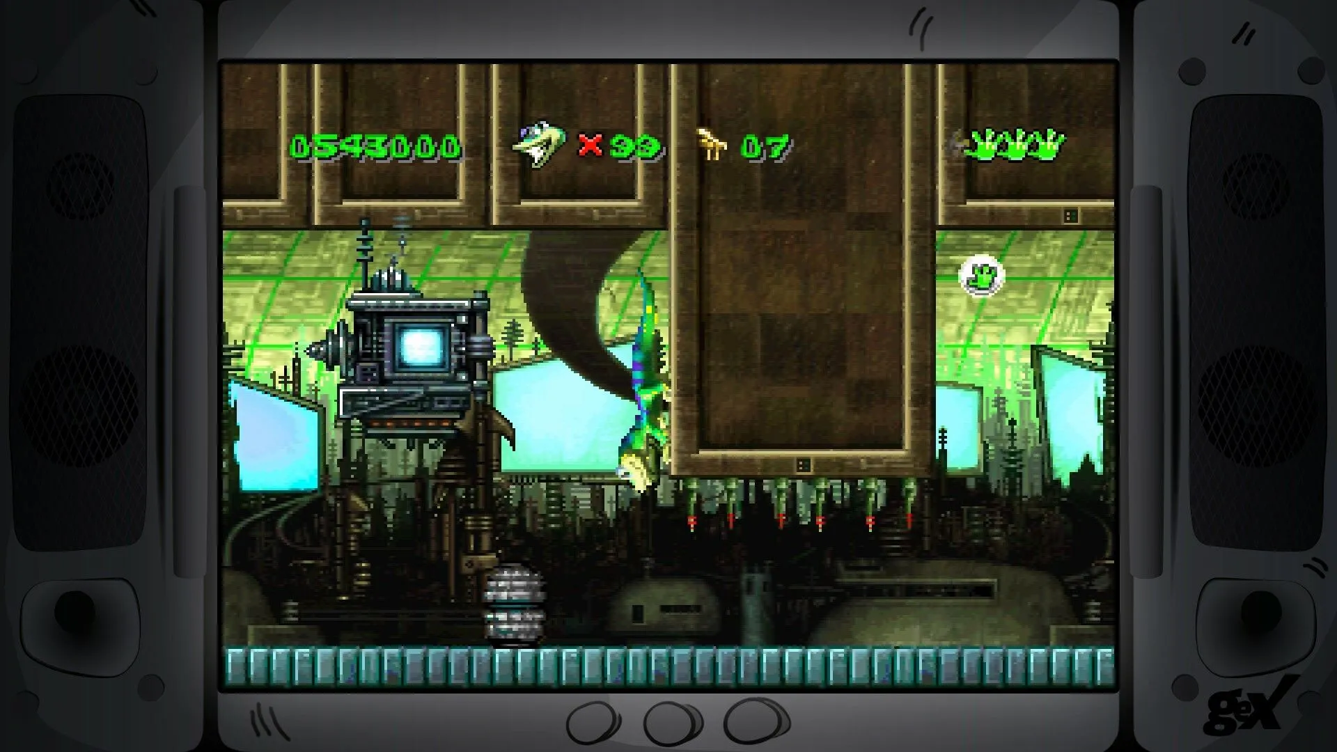 Gex thể hiện kỹ năng Tail Whip mạnh mẽ trong các màn chơi platformer
