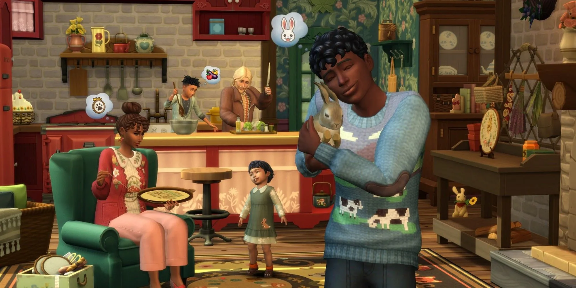 Gia đình Sim đang nấu ăn cùng nhau bên cạnh một chú thỏ đáng yêu trong The Sims 4 Cottage Living.