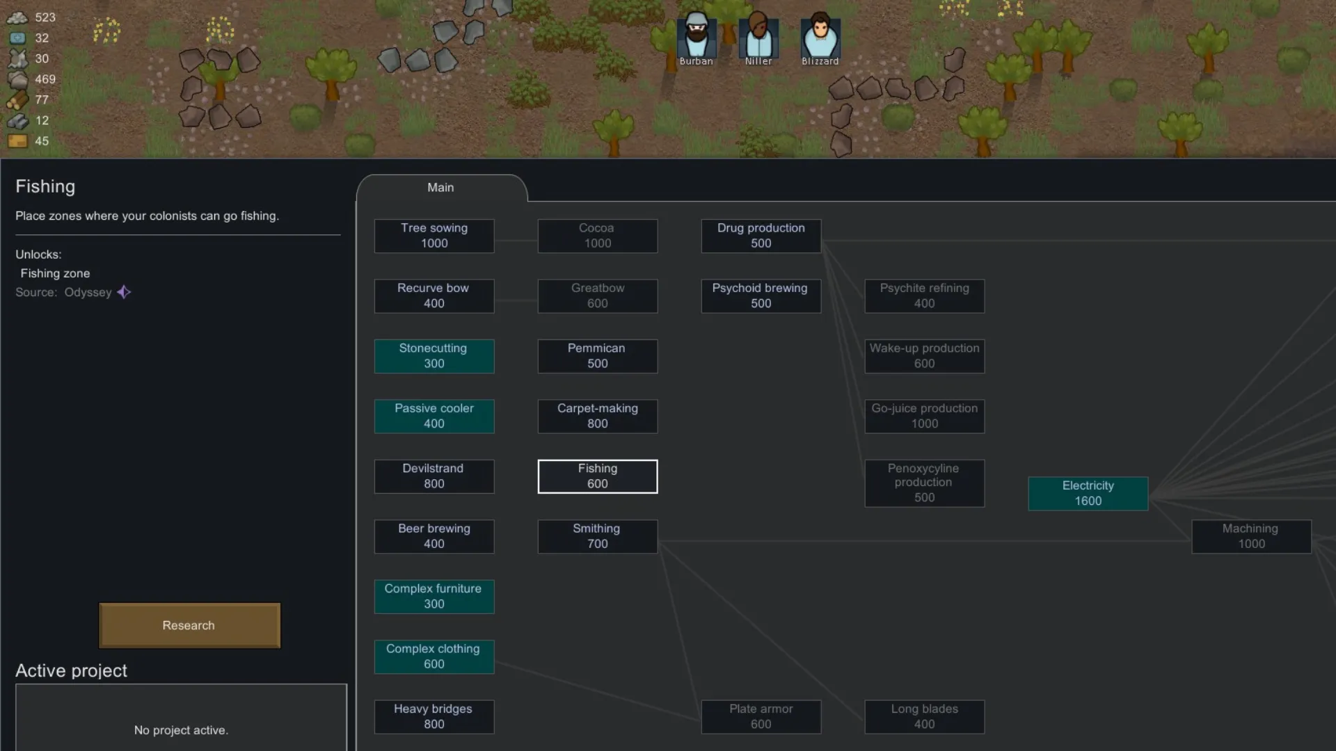 Giao diện cây nghiên cứu trong RimWorld hiển thị Fishing Node, cần được nghiên cứu để mở khóa cơ chế câu cá mới của DLC Odyssey.