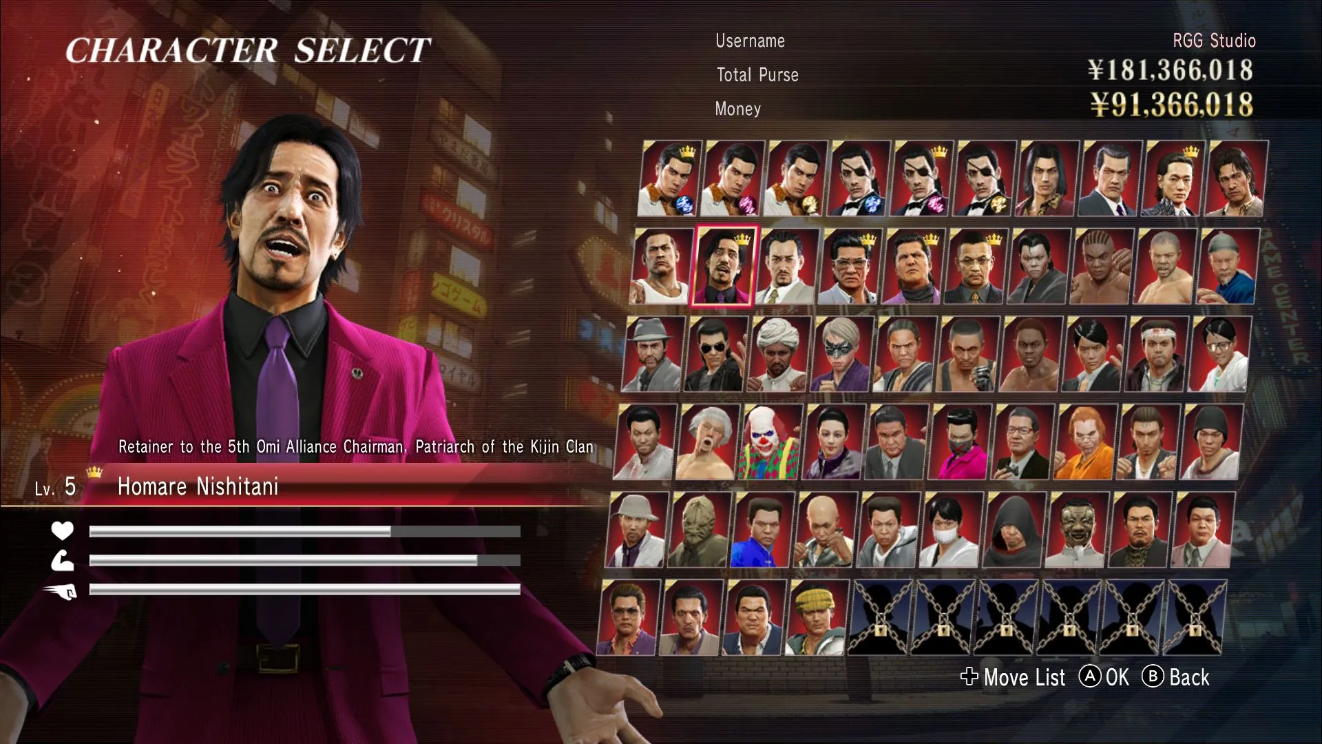Giao diện chọn nhân vật trong chế độ Red Light Raid của Yakuza 0 Director's Cut