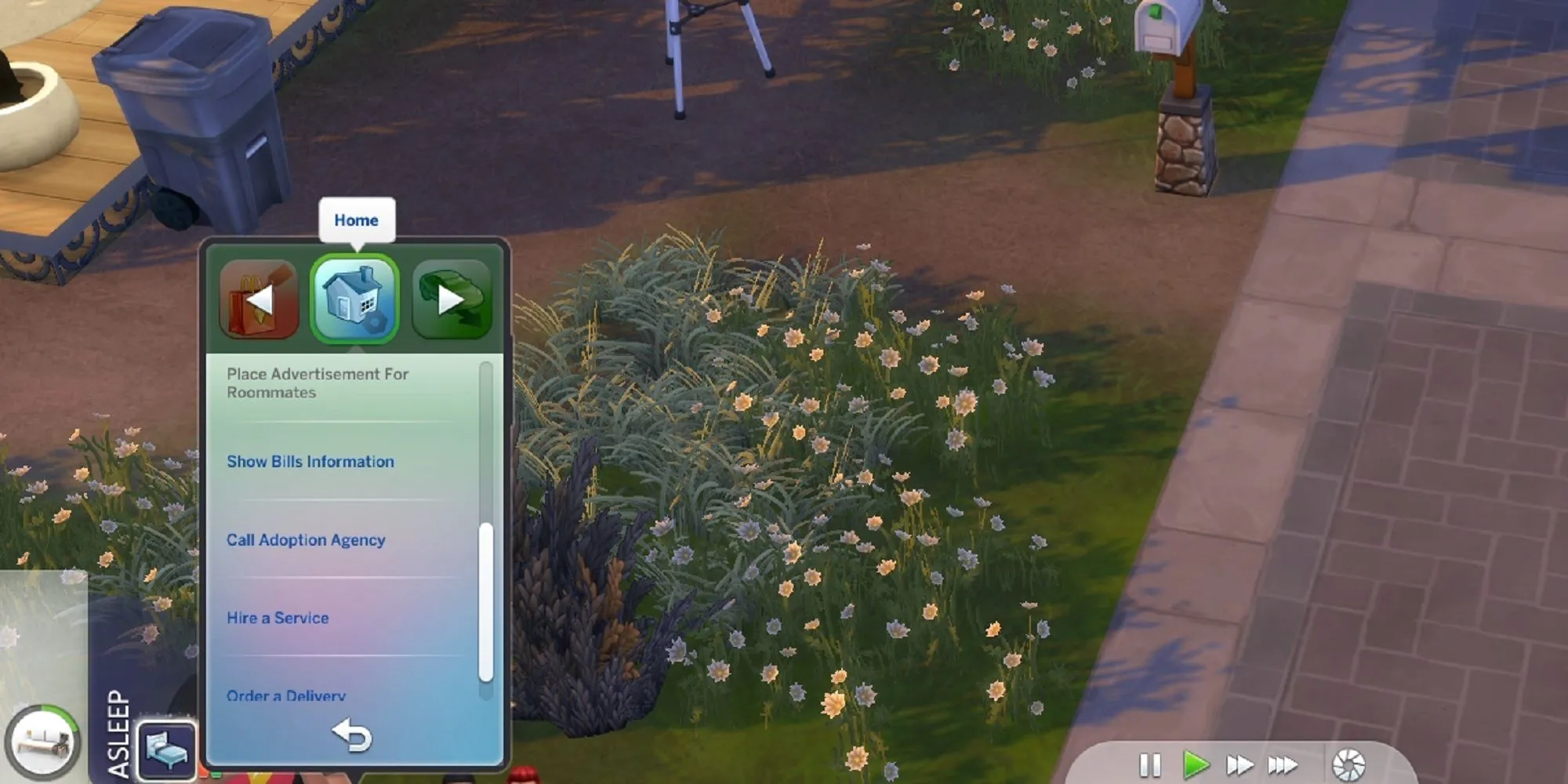 Giao diện điện thoại The Sims 4 hiển thị tùy chọn 'Pay Bills' để thanh toán hóa đơn nhanh chóng