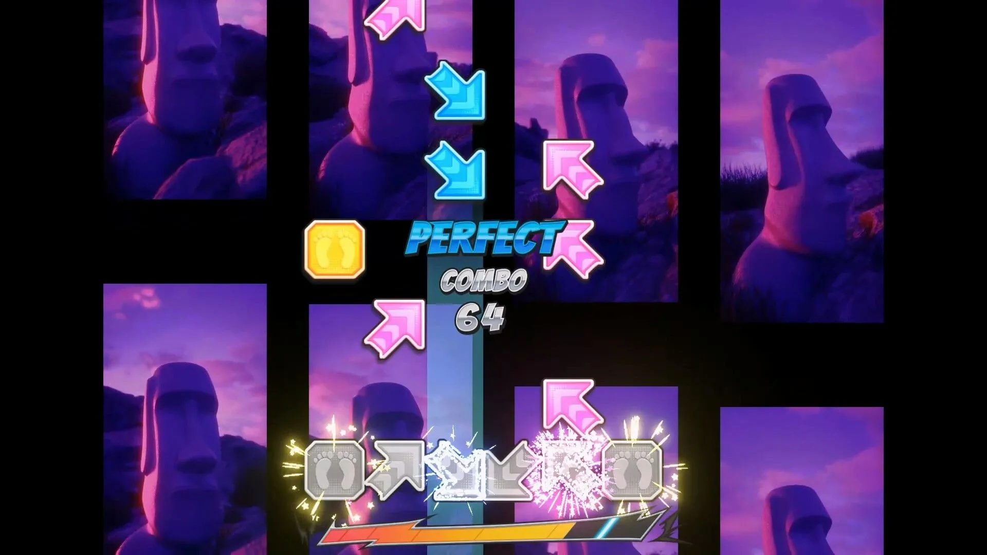 Giao diện gameplay Pump It Up Rise với các mũi tên nhịp điệu, hiển thị thử thách và hiệu suất chơi