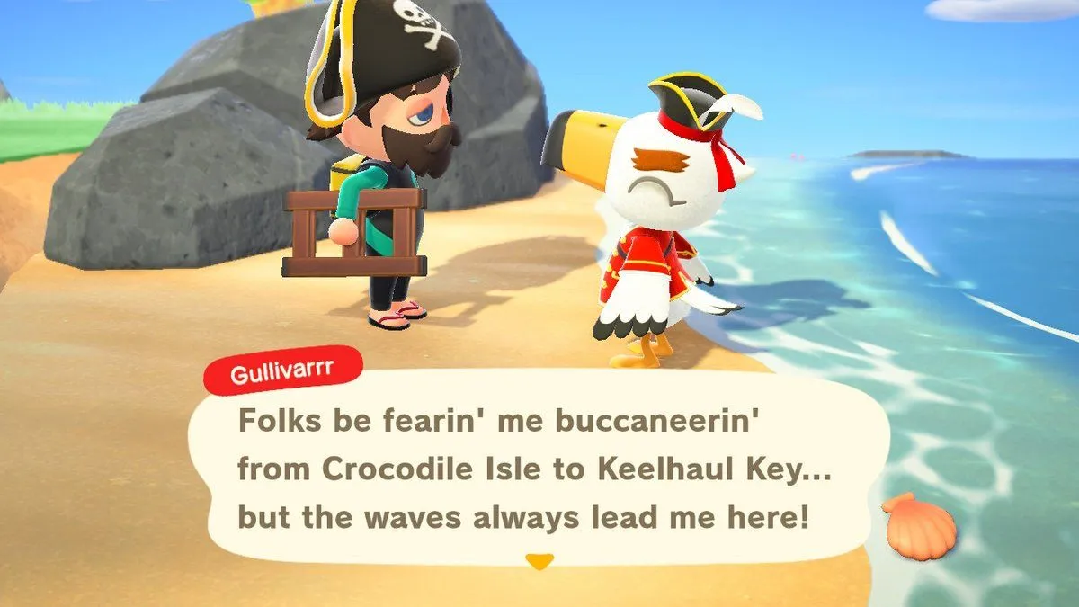 Hải âu Gullivarrr đang nói về Crocodile Isle trong game Animal Crossing: New Horizons