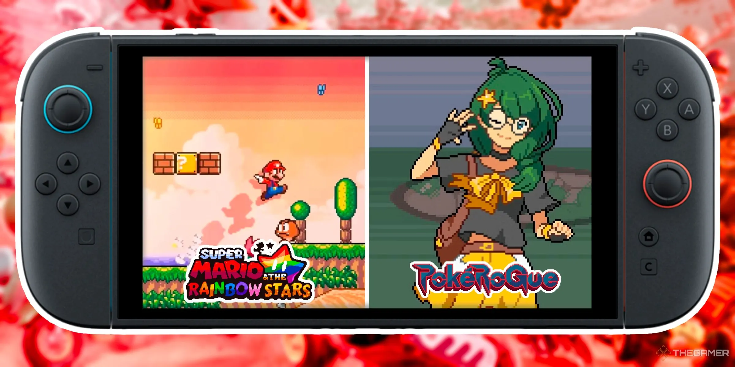 Hai hình ảnh về fan game Super Mario &amp; The Rainbow Stars và PokeRogue, hiển thị trong giao diện Nintendo Switch 2, thể hiện sự sáng tạo của cộng đồng.