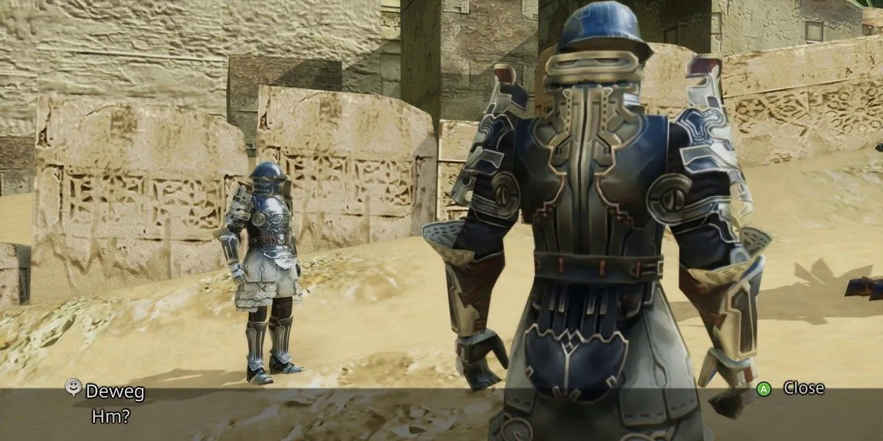 Hai nhân vật Gibbs và Deweg đứng canh gác trong khu vực giữa Pháo đài Nalbina và vùng cao nguyên Mosphoran trong Final Fantasy XII.